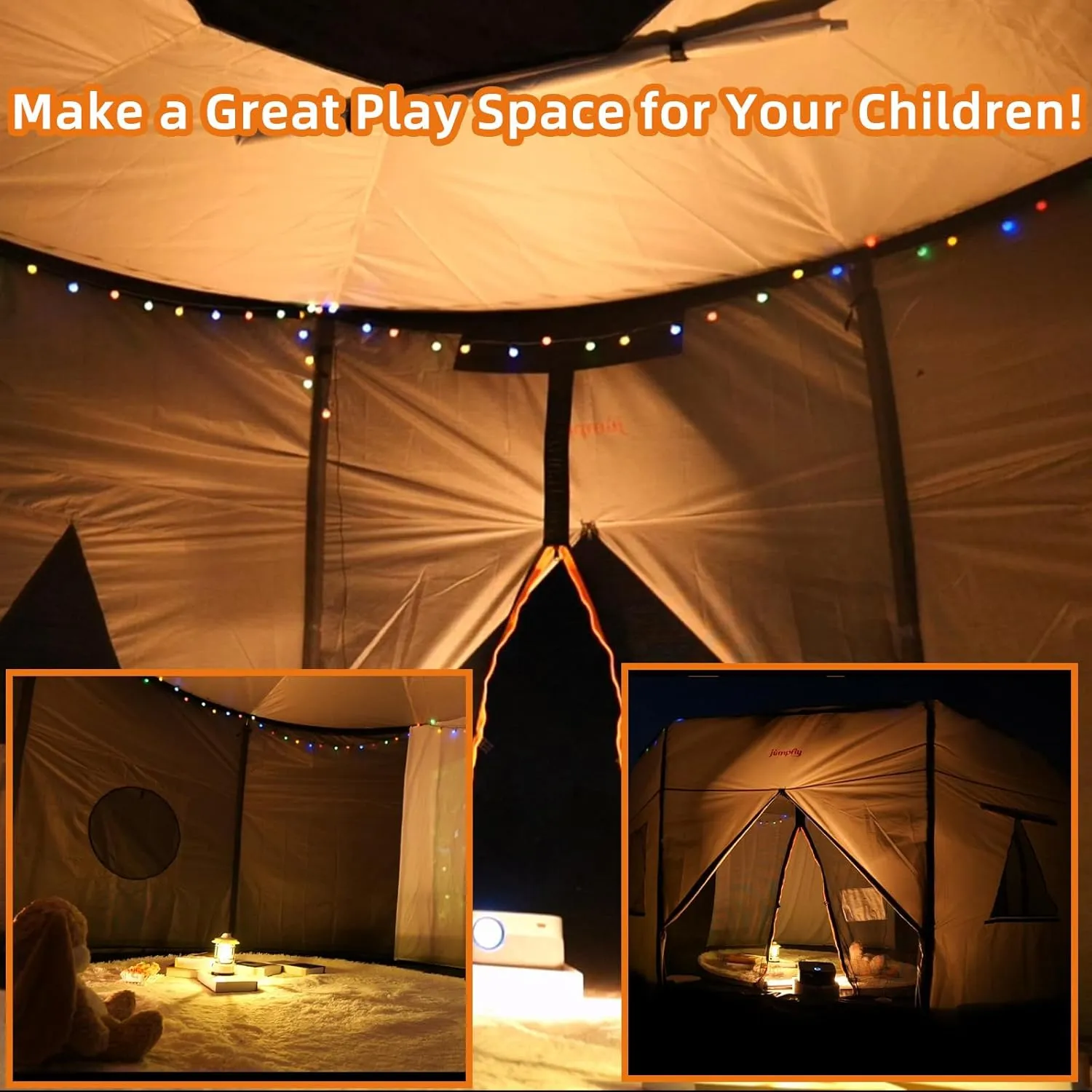 jumpfly 14FT Trampoline Tent for Kid(Tent Only),Fit for 6 Straight Poles Round Trampoline,Trampolien Shade Cover with LED Light,Outdoor Trampolien Accessories,Anti-Tear,Camping,Black