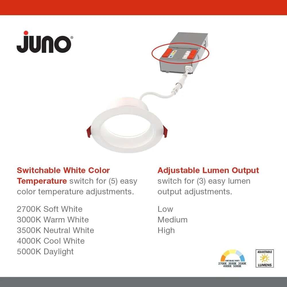Juno Canless LED Wafer Light, Round Wafer Downlight, 5-in-1 Switchable White Color Temperature, Adjustable Brightness, Deep Regressed Smooth Trim, 4-Inch, White (WF4 Dreg SM ALO19 SWW5 90CRI MW M6)
