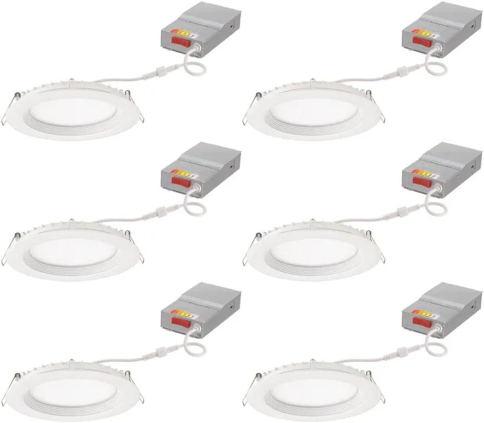 Juno LED Recessed Lights 6 Inch Round Wafer Downlight, 5-in-1 Switchable White Color Temperature, 120 Volts, 6-Inch Regressed Trim, Matte White, 6-Pack (WF6 REG SWW5 90CRI CP6 MW M2)