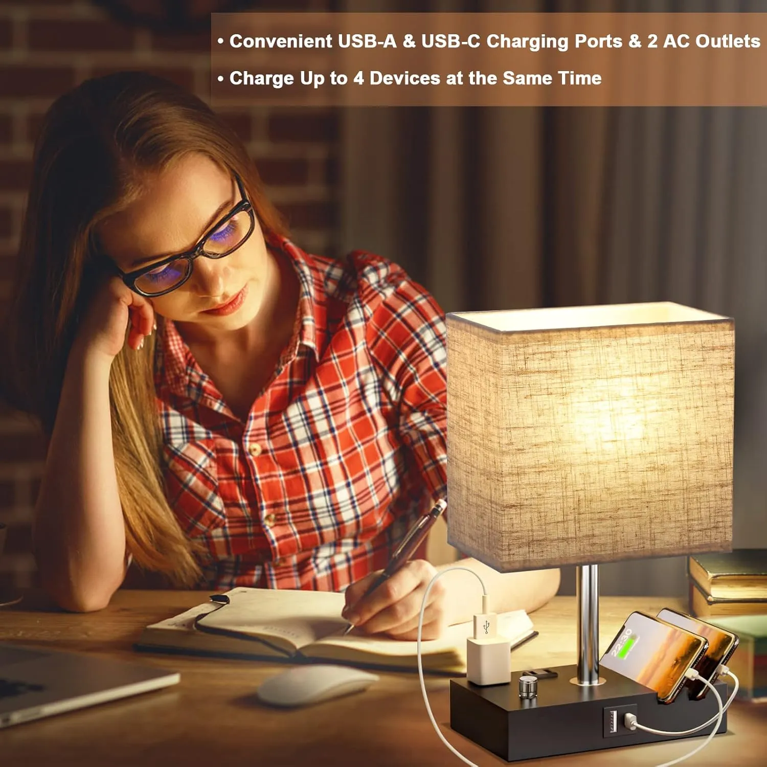 Kakanuo Table Lamp for Bedroom with Dual USB Ports, Beige Fully Dimmable Bedside Lamp with Phone Stands and 2 Charging Outlets, Desk Lamp for Nightstand and Living Room, LED Bulb Included