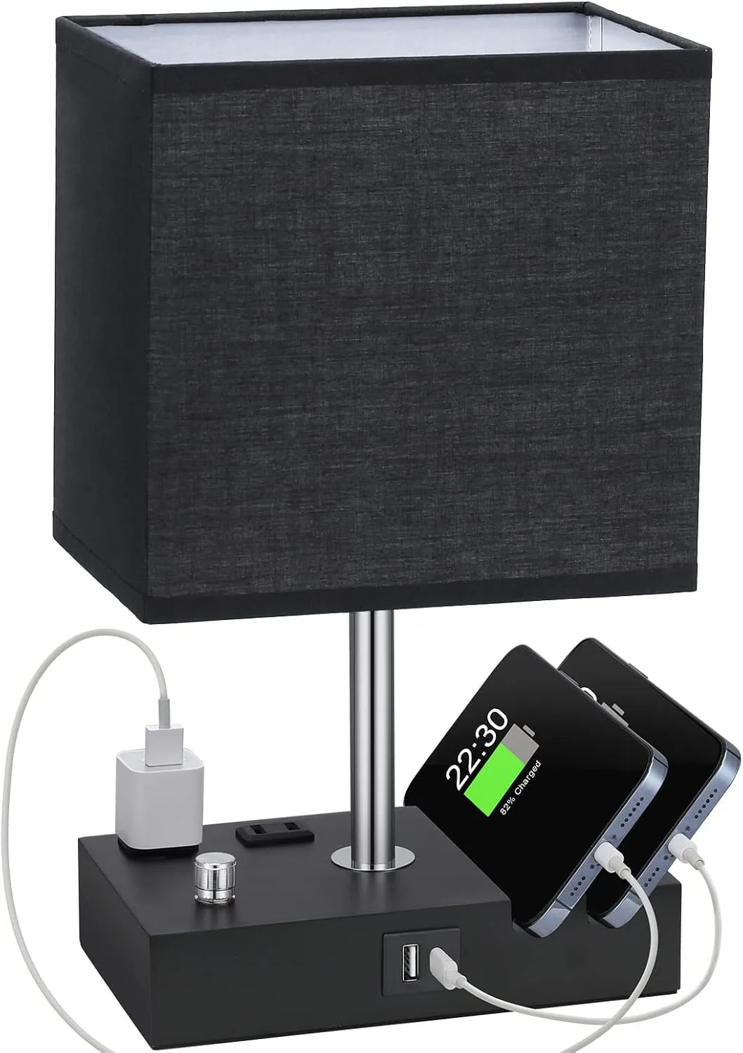 Kakanuo Table Lamp for Bedroom with Dual USB Ports, Fully Dimmable Black Bedside Lamp with Phone Stands and 2 Charging Outlets, Desk Lamp for Nightstand and Living Room, LED Bulb Included