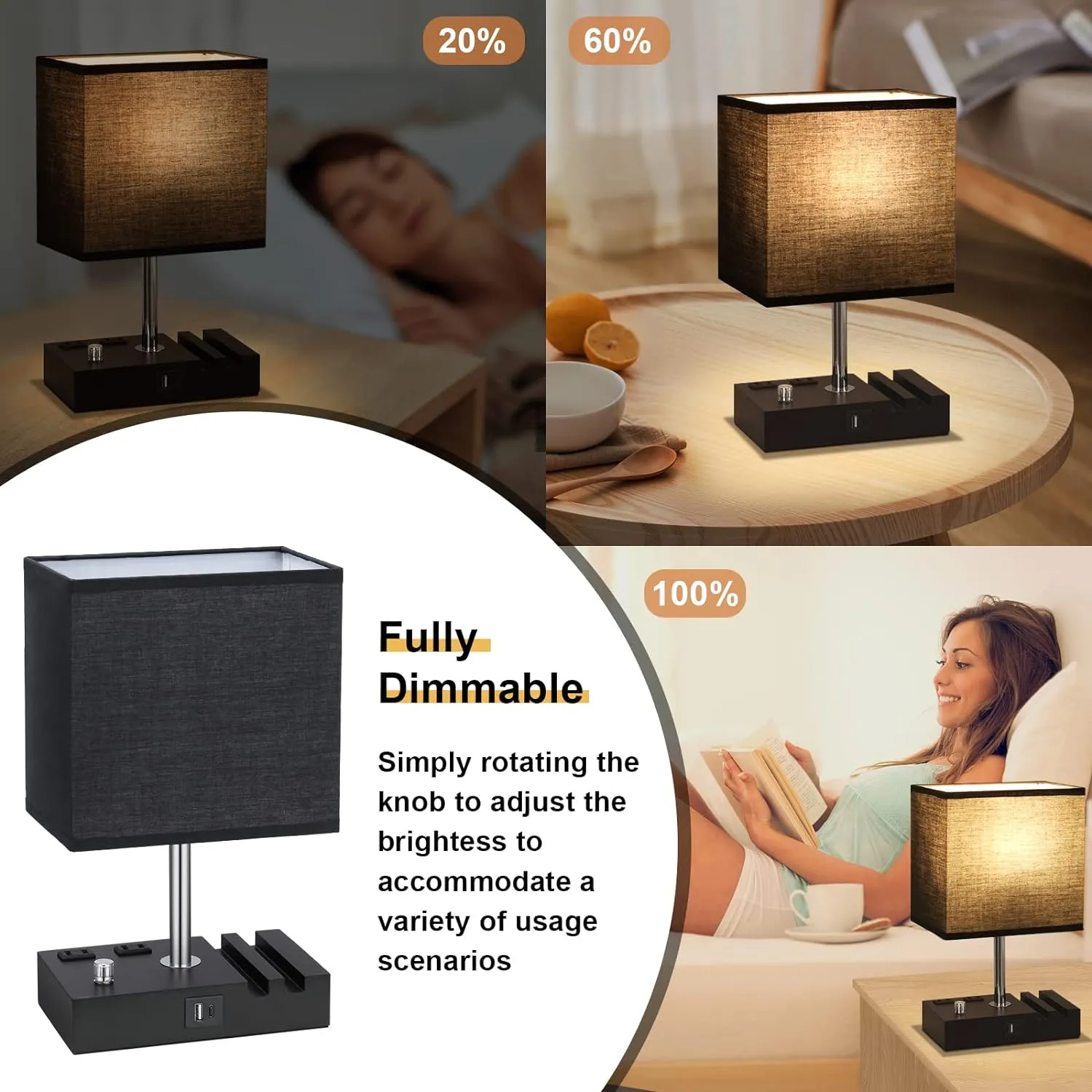 Kakanuo Table Lamp for Bedroom with Dual USB Ports, Fully Dimmable Black Bedside Lamp with Phone Stands and 2 Charging Outlets, Desk Lamp for Nightstand and Living Room, LED Bulb Included