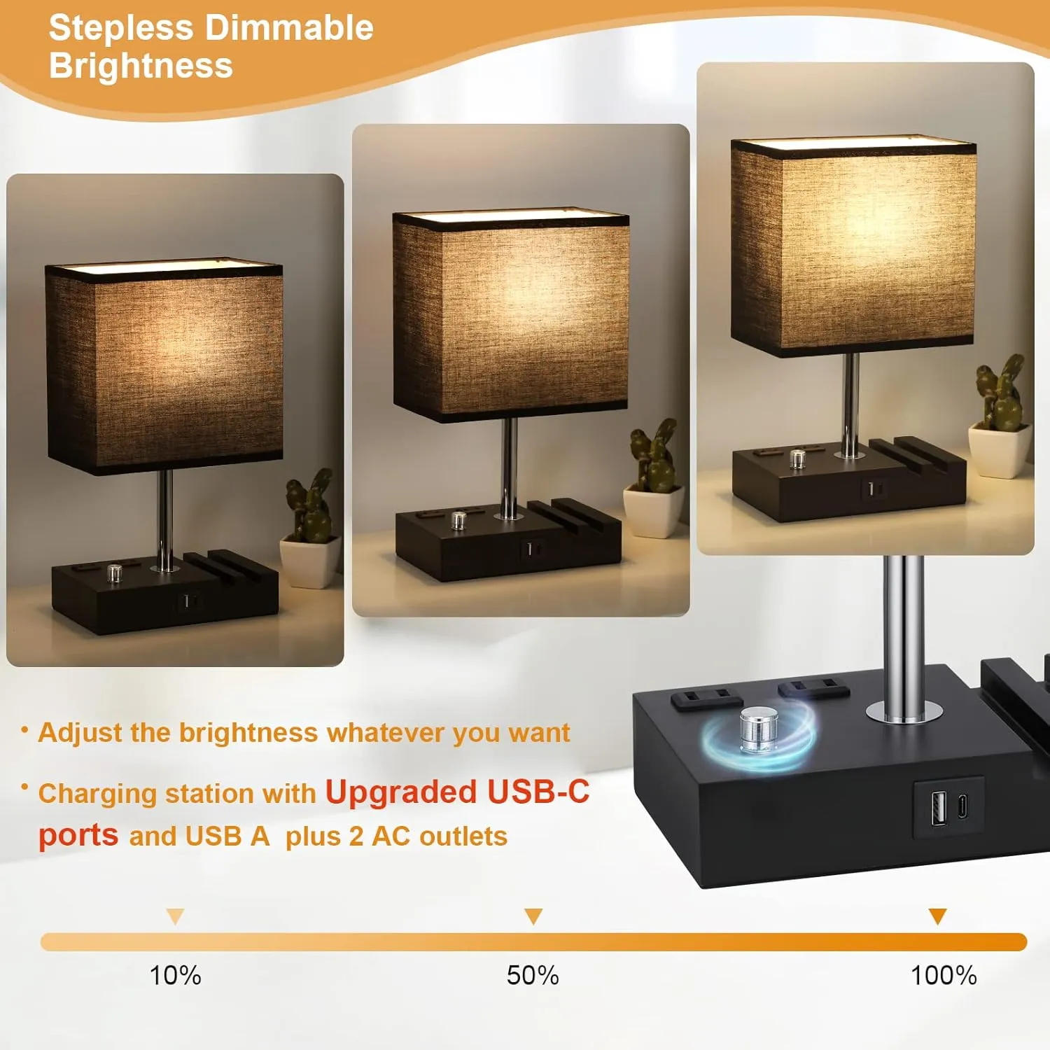 Kakanuo Table Lamp for Bedroom with Dual USB Ports, Fully Dimmable Black Bedside Lamp with Phone Stands and 2 Charging Outlets, Desk Lamp for Nightstand and Living Room, LED Bulb Included