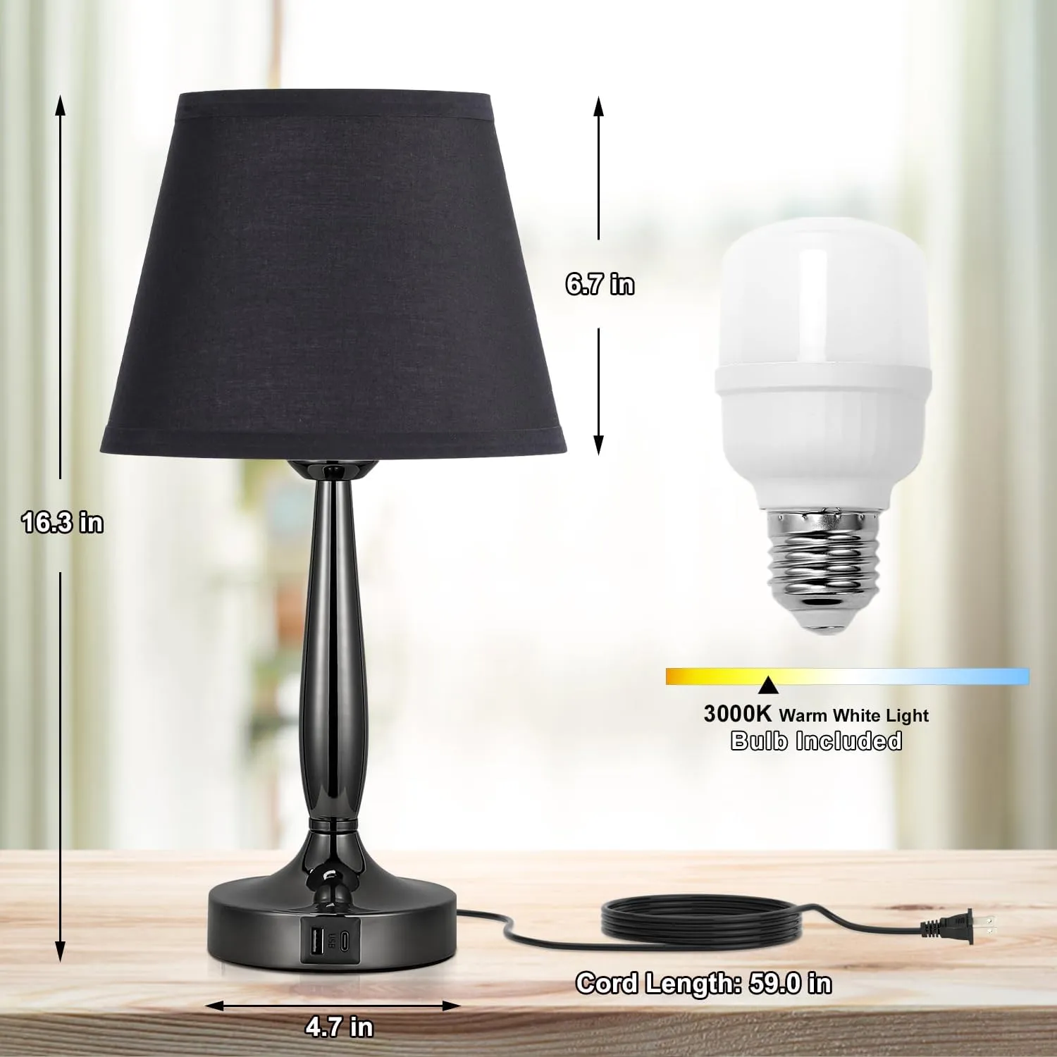 Kakanuo Touch Bedside Lamp for Bedroom with USB C Port, Small Touch Table Lamp with 2 USB Charging Ports, 3 Way Dimmable Nightstand Lamp for Living Room and Office - Black (LED Bulb Included)