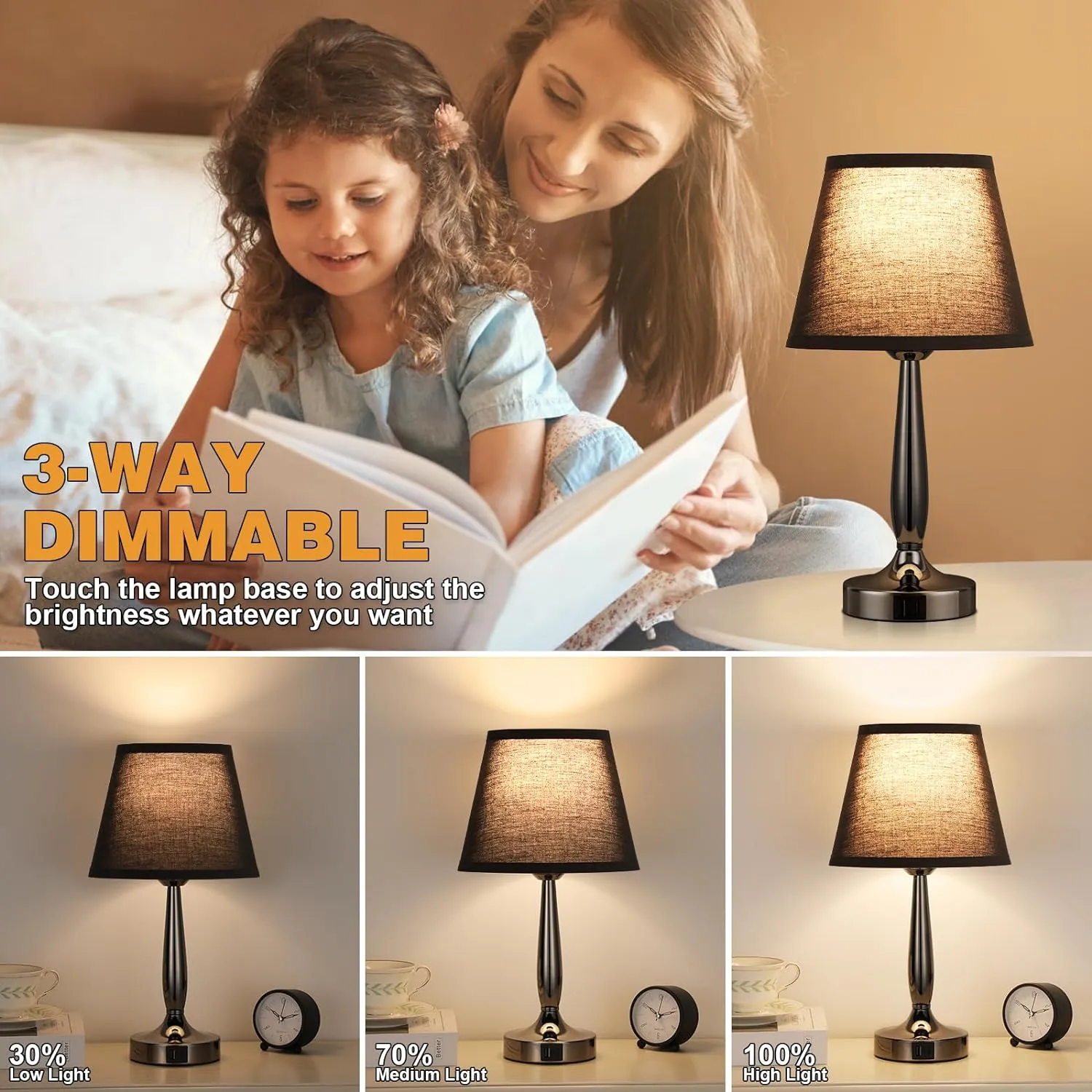 Kakanuo Touch Bedside Lamp for Bedroom with USB C Port, Small Touch Table Lamp with 2 USB Charging Ports, 3 Way Dimmable Nightstand Lamp for Living Room and Office - Black (LED Bulb Included)