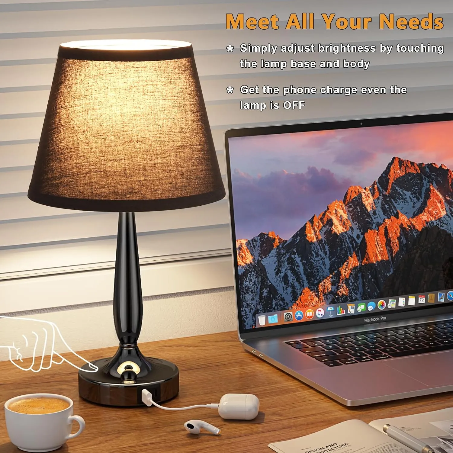 Kakanuo Touch Bedside Lamp for Bedroom with USB C Port, Small Touch Table Lamp with 2 USB Charging Ports, 3 Way Dimmable Nightstand Lamp for Living Room and Office - Black (LED Bulb Included)