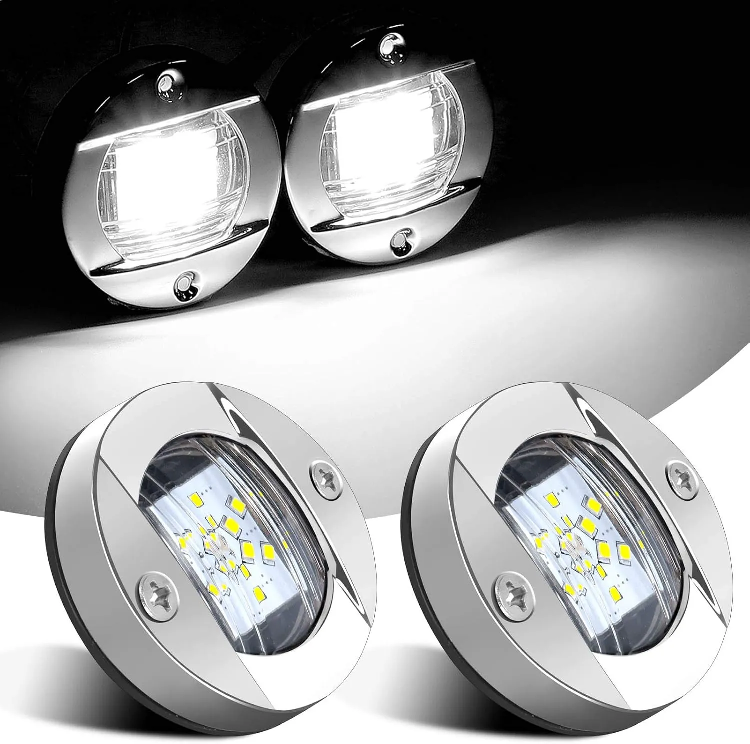 Kawell 2pcs Waterproof Boat Transom Light Underwater Yacht Light Round Boat LED Lights Interior Yacht Deck light Stainless Steel Yacht LED Pontoon Light Boat Navigation Light