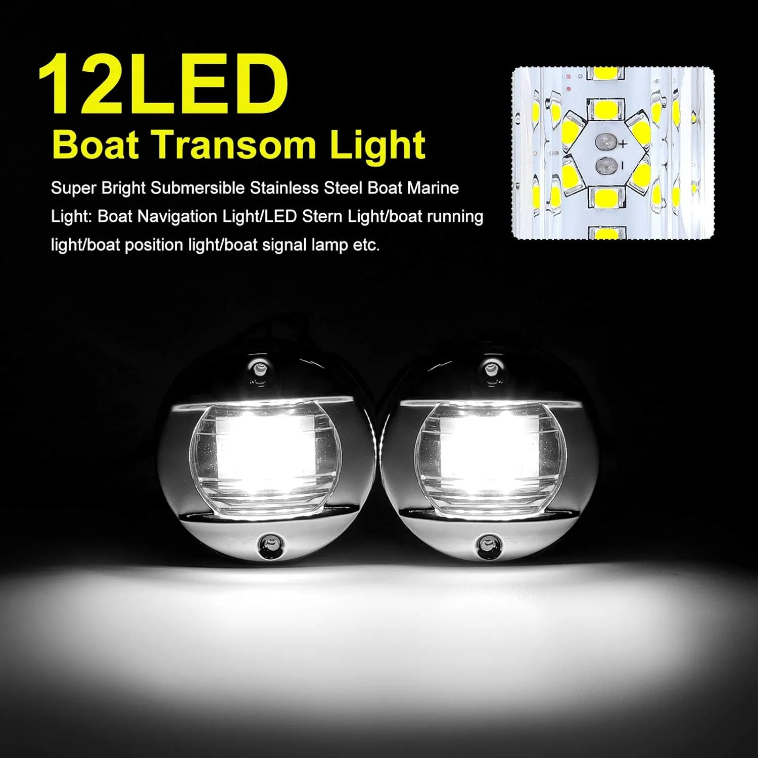 Kawell 2pcs Waterproof Boat Transom Light Underwater Yacht Light Round Boat LED Lights Interior Yacht Deck light Stainless Steel Yacht LED Pontoon Light Boat Navigation Light