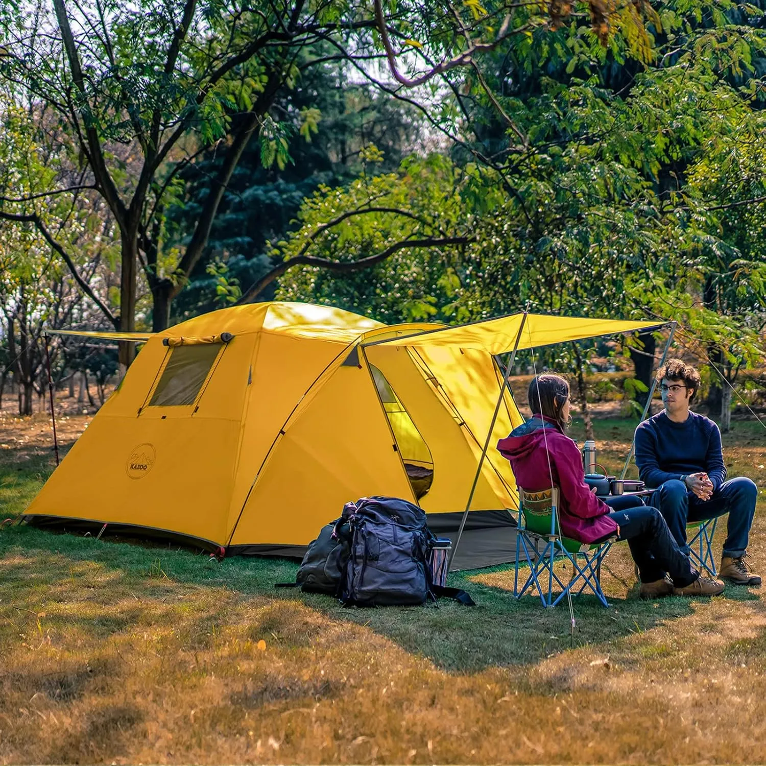 KAZOO 2／4 Person Camping Tent Outdoor Waterproof Family Large Tents 2/4 People Easy Setup Tent with Porch Double Layer