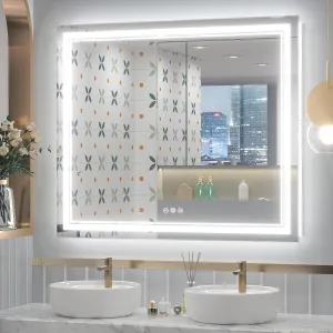 Keonjinn LED Bathroom Mirror 42 x 36 Inch Frontlit and Backlit, Stepless 3 Colors Temperature & Dimmable Tempered Glass Mirror, UL Listed LED Driver, Double LED Strips, Anti-Fog Lighted Vanity Mirror
