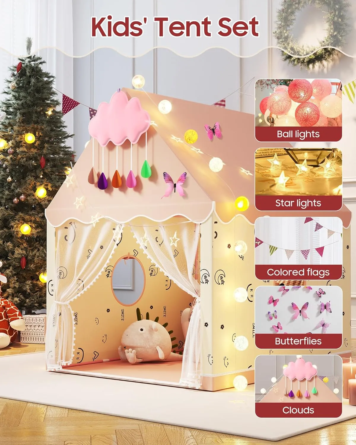 Kids Play Tent, Princess Tent Indoor Playhouse Set with Star Lights, Ball Lights, Colorful Flags, Butterflies, Clouds - Pink Tents for Kids Toddle Castle for Girls Toy House Gift