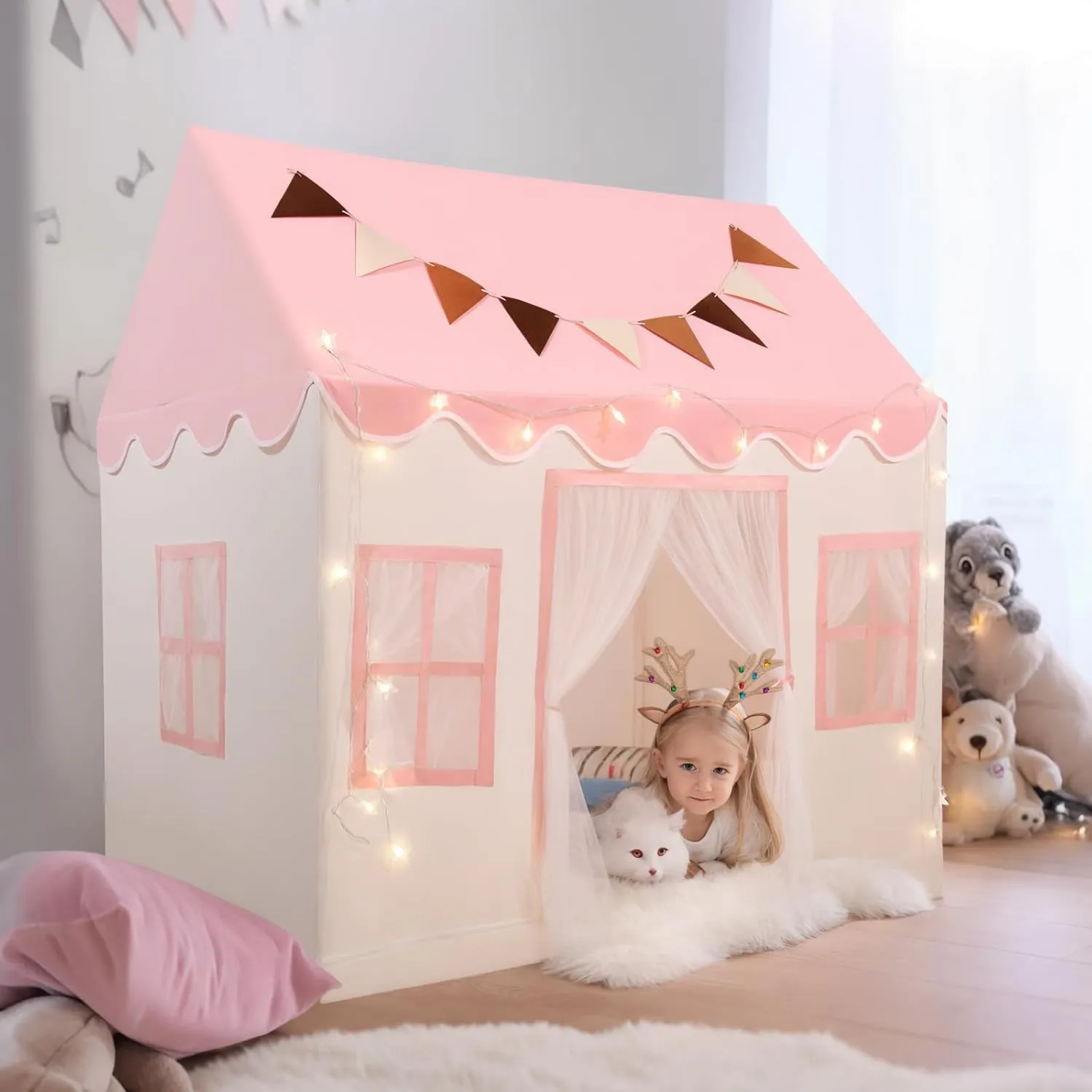 Kids Play Tent with Non-Slip Mat, Star String, Decorating Flag, Machine Washable Large Playhouse, Indoor and Outdoor Play Tent for Kids, Pink, 50" x 34" x 51"