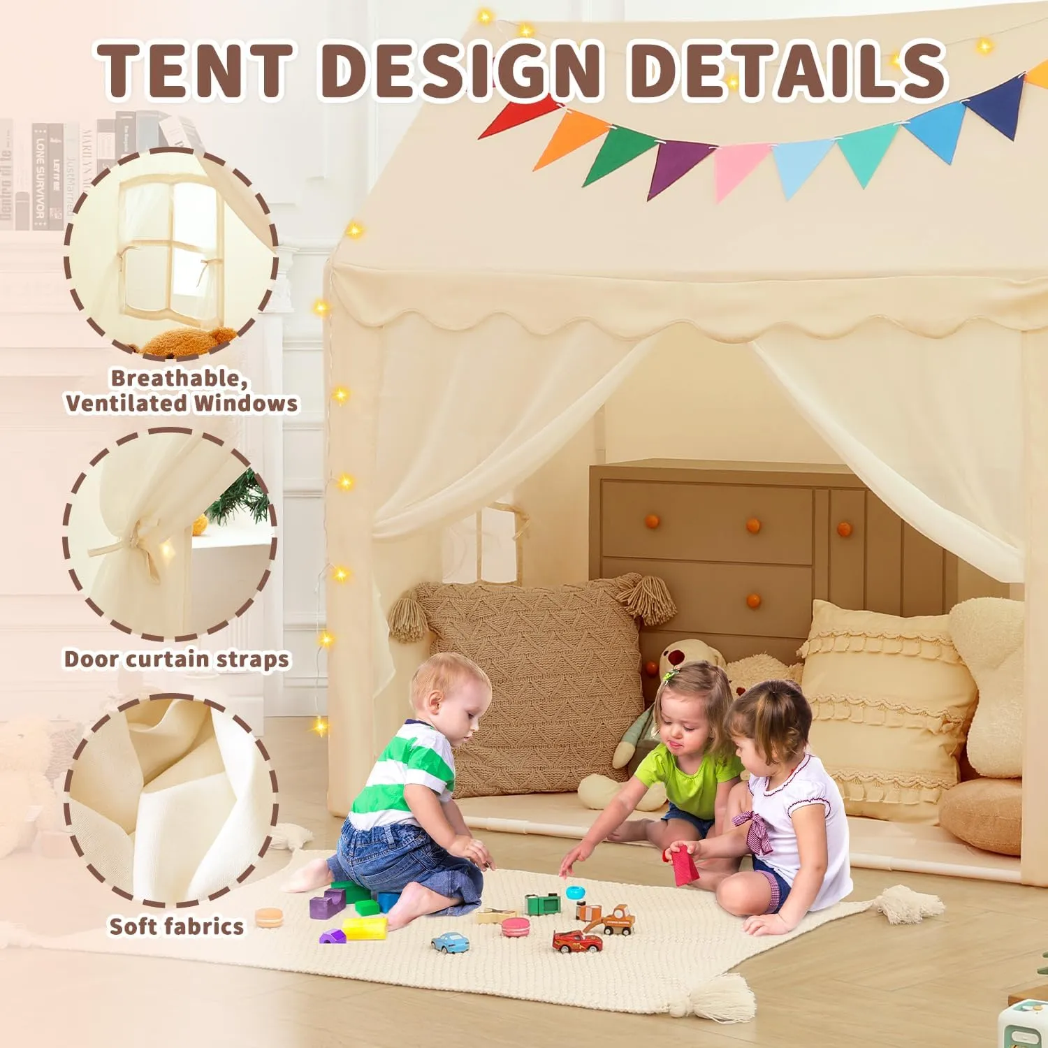 Kids Tent Play House with Star Lights, Flags,Large 59''x39''x59'' Kids Play Tent,Princess Castle Playhouse Indoor&Outdoor, Toddler Tent for Girl Boys (White, 59''x39''x59'')