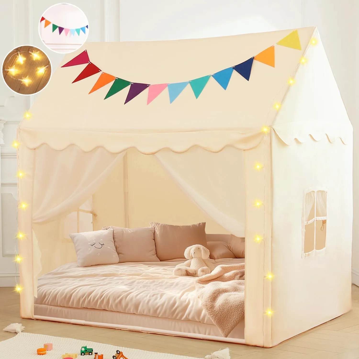Kids Tent Play House with Star Lights, Flags,Large 59''x39''x59'' Kids Play Tent,Princess Castle Playhouse Indoor&Outdoor, Toddler Tent for Girl Boys (White, 59''x39''x59'')