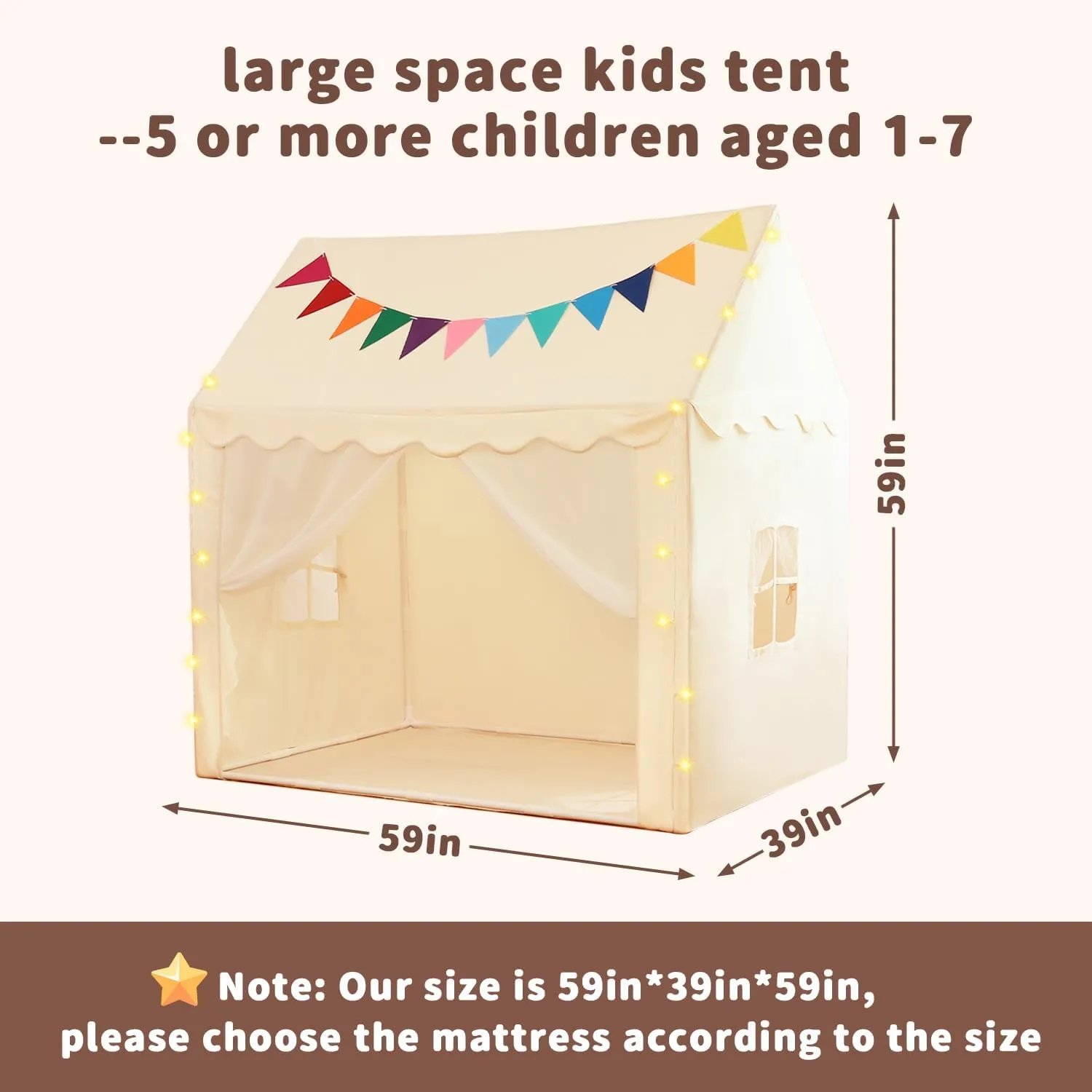 Kids Tent Play House with Star Lights, Flags,Large 59''x39''x59'' Kids Play Tent,Princess Castle Playhouse Indoor&Outdoor, Toddler Tent for Girl Boys (White, 59''x39''x59'')