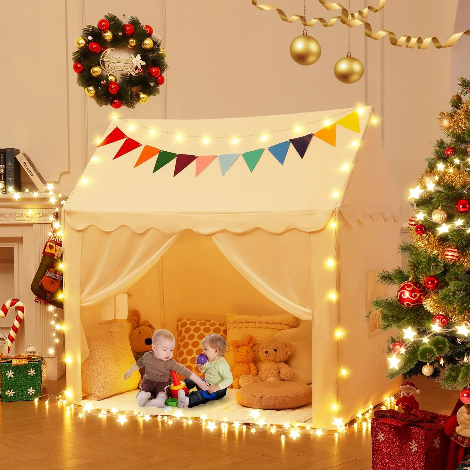 Kids Tent Play House with Star Lights, Flags,Large 59''x39''x59'' Kids Play Tent,Princess Castle Playhouse Indoor&Outdoor, Toddler Tent for Girl Boys (White, 59''x39''x59'')