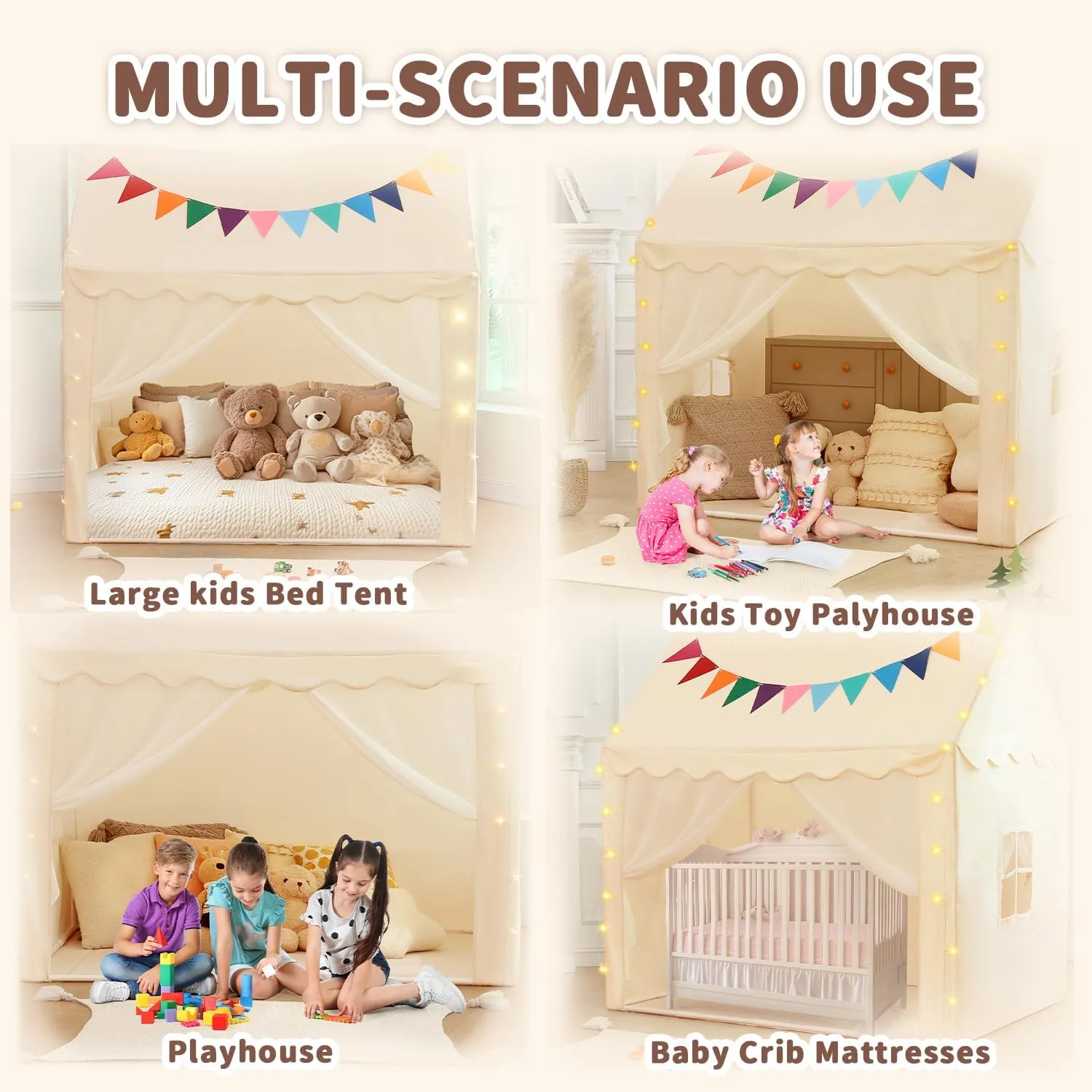 Kids Tent Play House with Star Lights, Flags,Large 59''x39''x59'' Kids Play Tent,Princess Castle Playhouse Indoor&Outdoor, Toddler Tent for Girl Boys (White, 59''x39''x59'')