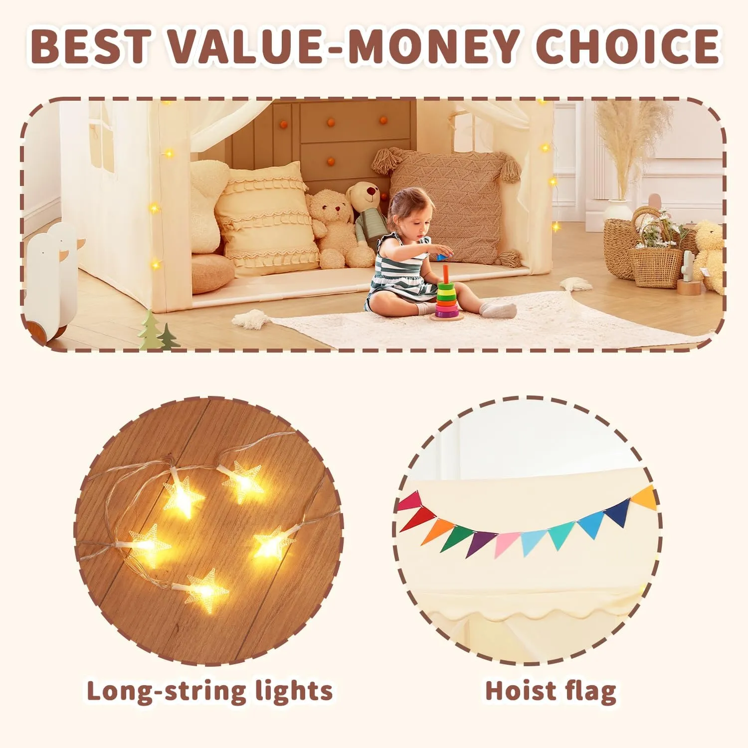 Kids Tent Play House with Star Lights, Flags,Large 59''x39''x59'' Kids Play Tent,Princess Castle Playhouse Indoor&Outdoor, Toddler Tent for Girl Boys (White, 59''x39''x59'')