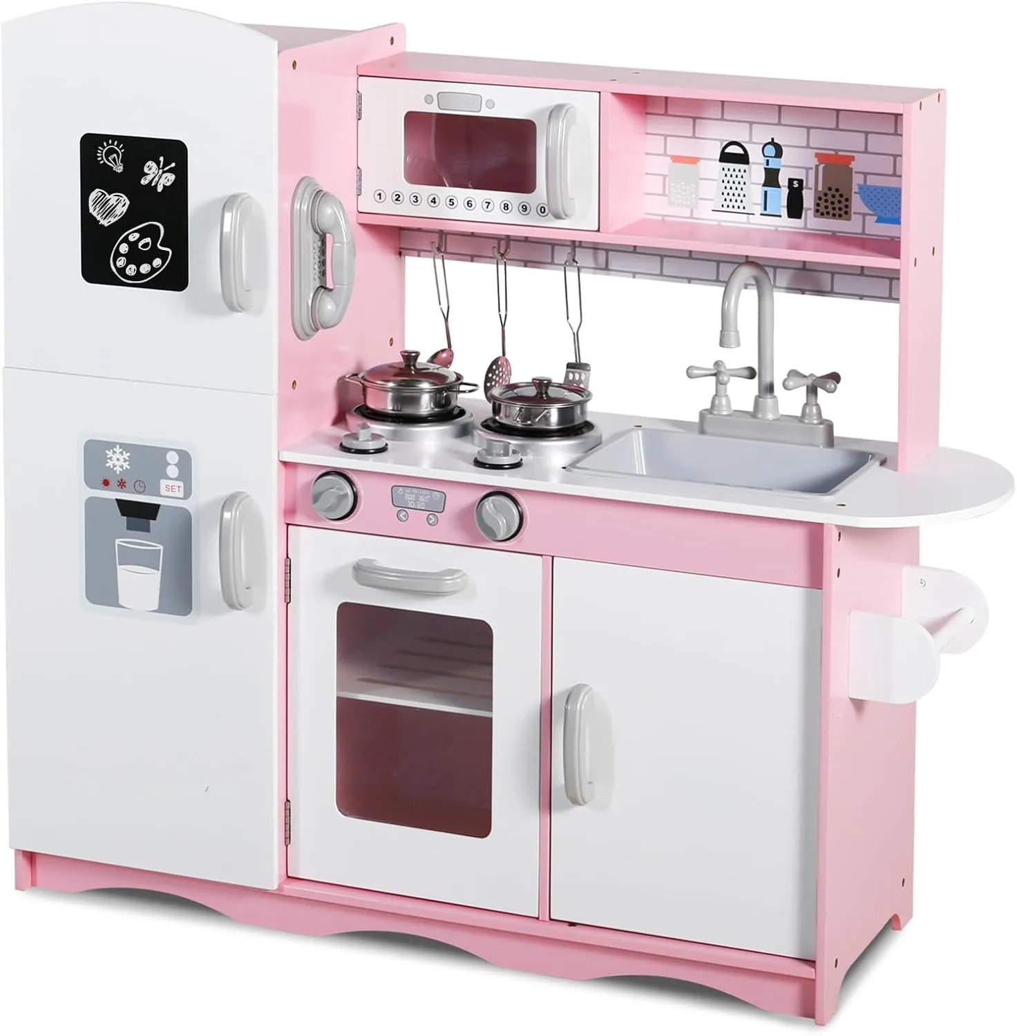Kinder King Wooden Kids Play Kitchen, Toy Kitchen Playset for Toddler, Pretend Oven, Microwave, Telephone, Chalkboard, Interactive Doors, Knobs, Realistic Kitchen Sets for Boys Girls Age 3 , Pink