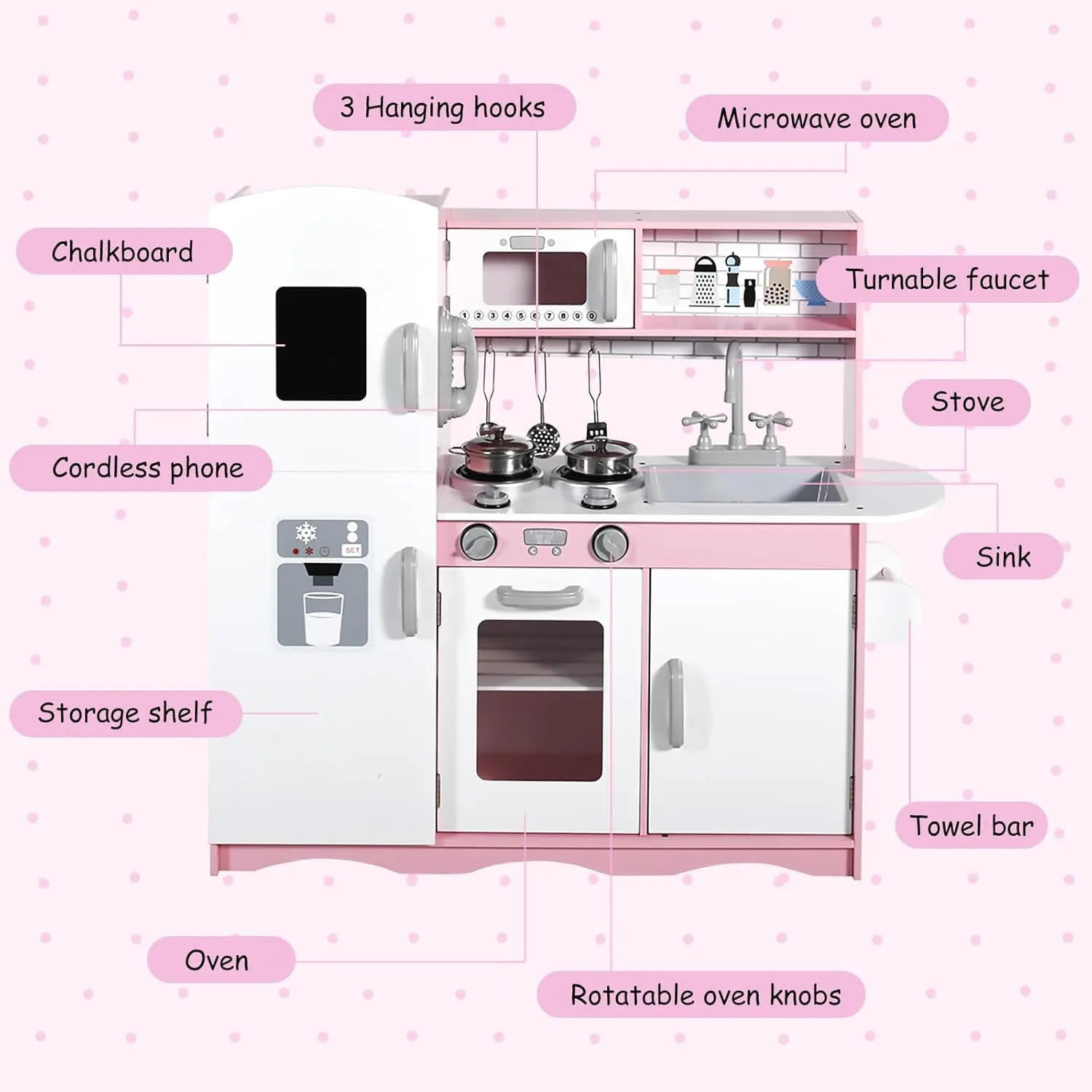 Kinder King Wooden Kids Play Kitchen, Toy Kitchen Playset for Toddler, Pretend Oven, Microwave, Telephone, Chalkboard, Interactive Doors, Knobs, Realistic Kitchen Sets for Boys Girls Age 3 , Pink