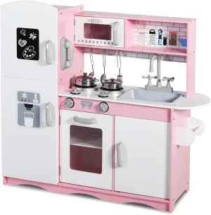 Kinder King Wooden Kids Play Kitchen, Toy Kitchen Playset for Toddler, Pretend Oven, Microwave, Telephone, Chalkboard, Interactive Doors, Knobs, Realistic Kitchen Sets for Boys Girls Age 3 , Pink