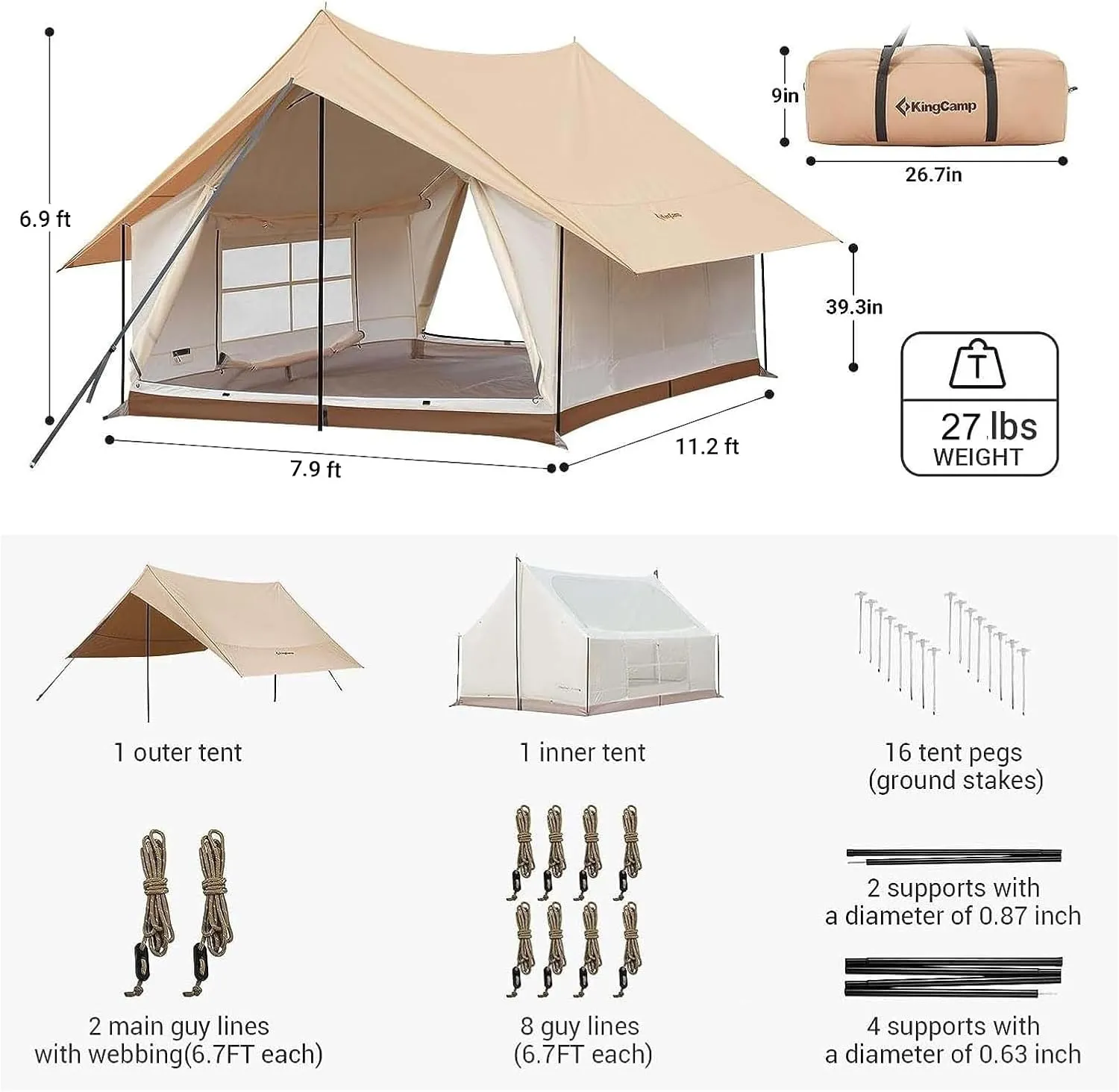 KingCamp Canvas Cabin Tent with Large Windows, Waterproof & Breathable 4 Season Tents, Easy Setup Glamping Tent with Carry Bag, for Camping, Picnic