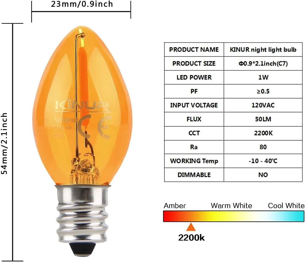 KINUR C7 LED Bulbs, led Night Light Bulb E12 Candelabra Base Amber 2200K, 1 Watt Equivalent 10W Incandescent Bulb, Salt Lamp and Window Candles & Chandeliers Replacement Bulb 8 Pack (8, Amber)