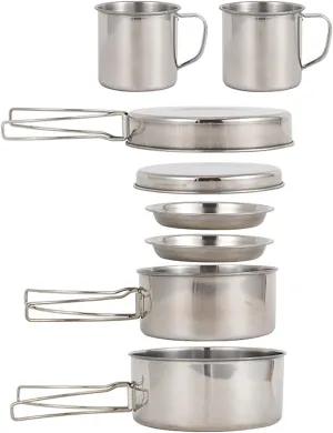Kitchenware Set, Camping Cookware Mess Kit 8PCS Stainless Steel Cooking Pot and Pan Set with Plates Cups for Outdoor Camping Hiking Backpacking