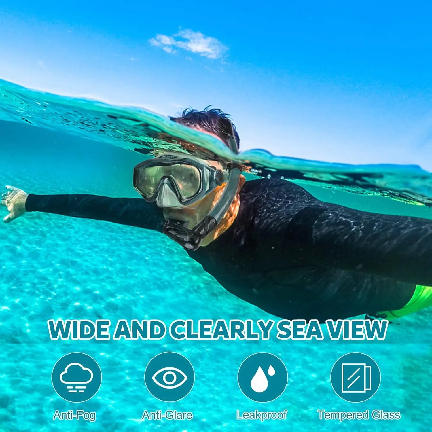 KUYOU Mask Fins Snorkeling Gear for Adults - Wide View Anti-Fog Mask, Full Dry Top Snorkel Gear Set