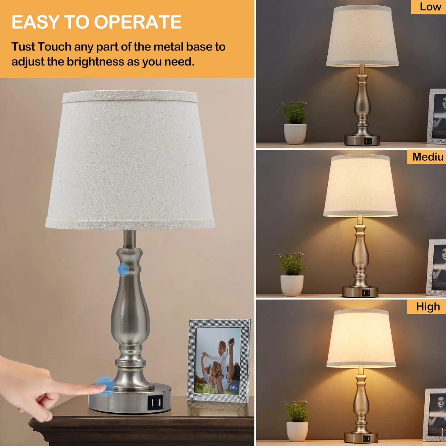 Lamps for Bedrooms Set of 2, Brushed Nickel Bedside Lamps with USB C A Ports, 3 Way Dimmable Nightstand Lamps with Fabric Lampshade, Touch Table Lamp for Living Room Bedroom Office, Bulbs Included