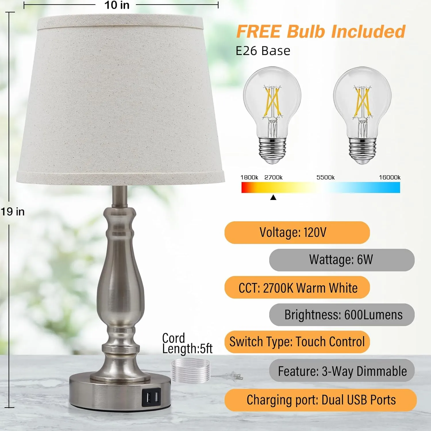 Lamps for Bedrooms Set of 2, Brushed Nickel Bedside Lamps with USB C A Ports, 3 Way Dimmable Nightstand Lamps with Fabric Lampshade, Touch Table Lamp for Living Room Bedroom Office, Bulbs Included