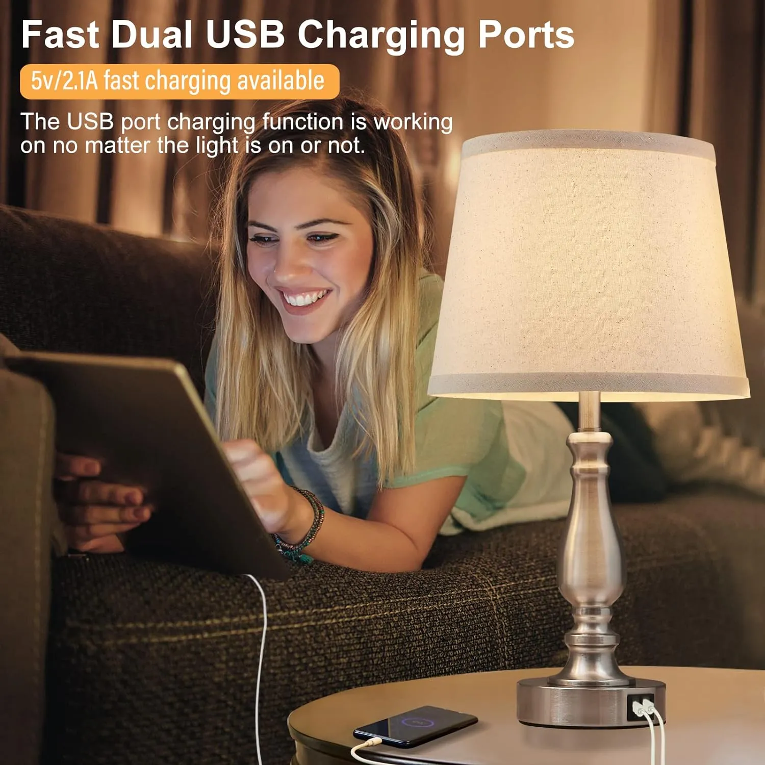 Lamps for Bedrooms Set of 2, Brushed Nickel Bedside Lamps with USB C A Ports, 3 Way Dimmable Nightstand Lamps with Fabric Lampshade, Touch Table Lamp for Living Room Bedroom Office, Bulbs Included