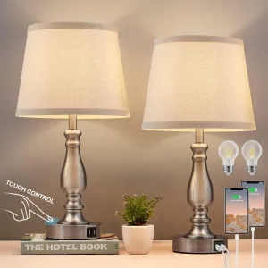 Lamps for Bedrooms Set of 2, Brushed Nickel Bedside Lamps with USB C A Ports, 3 Way Dimmable Nightstand Lamps with Fabric Lampshade, Touch Table Lamp for Living Room Bedroom Office, Bulbs Included