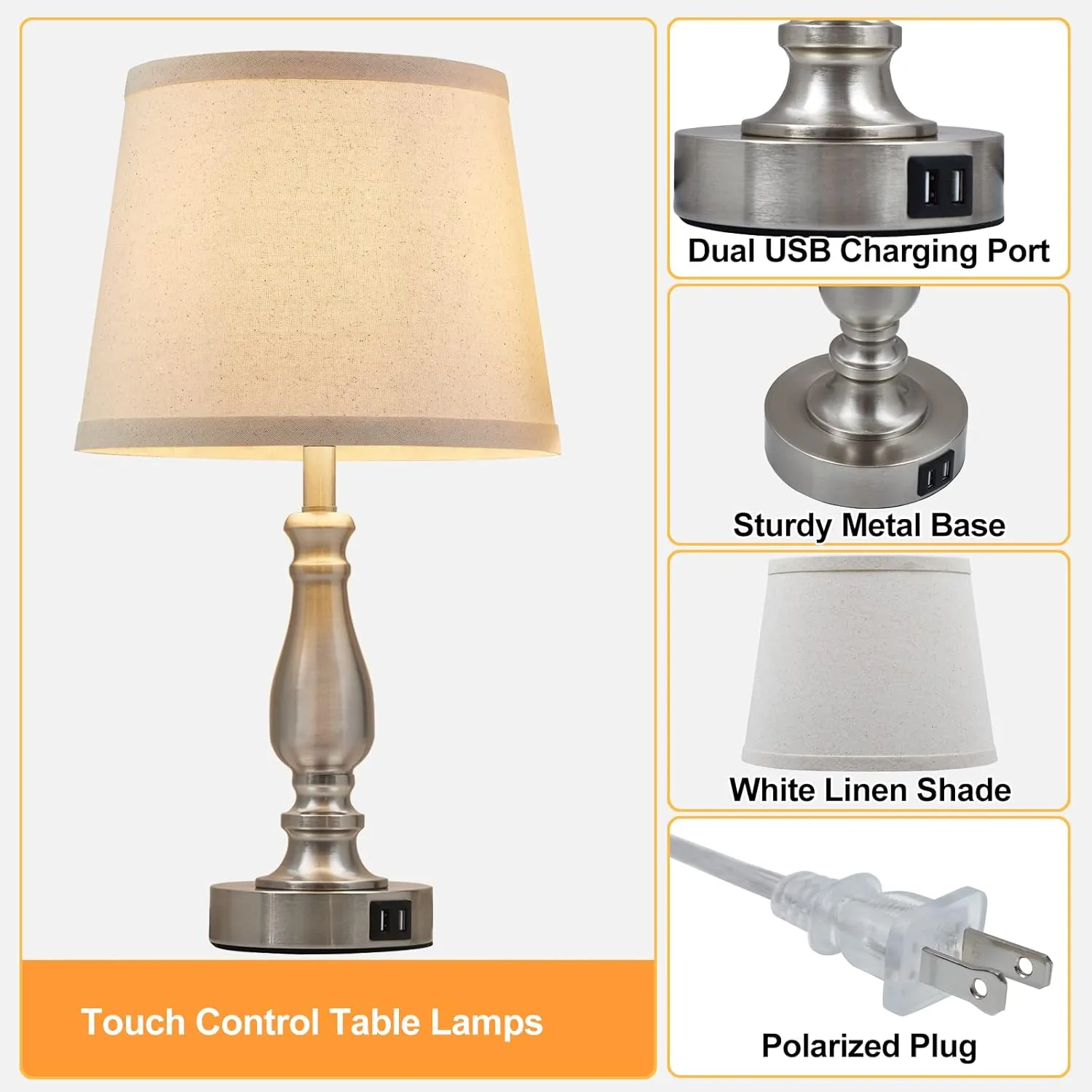 Lamps for Bedrooms Set of 2, Brushed Nickel Bedside Lamps with USB C A Ports, 3 Way Dimmable Nightstand Lamps with Fabric Lampshade, Touch Table Lamp for Living Room Bedroom Office, Bulbs Included