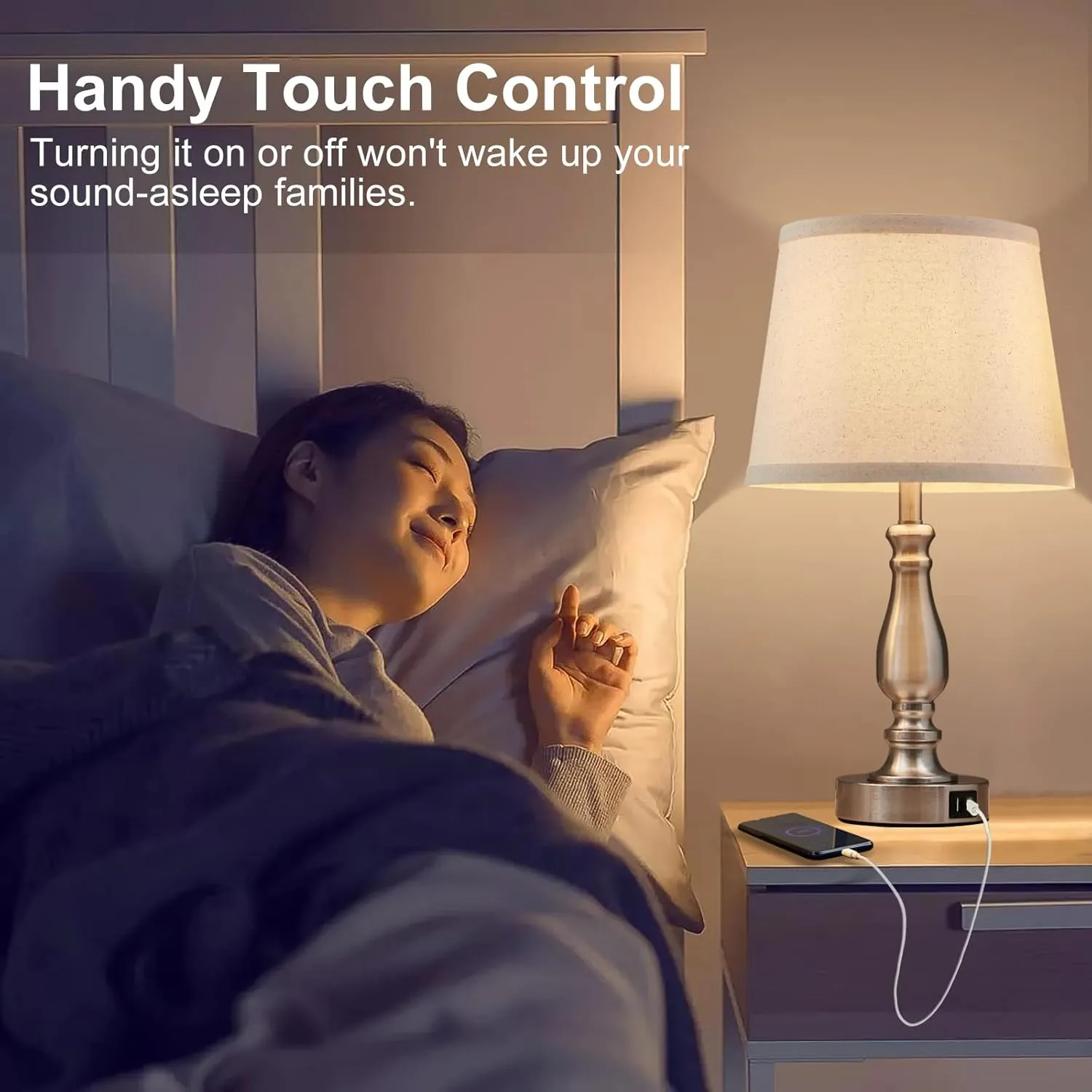 Lamps for Bedrooms Set of 2, Brushed Nickel Bedside Lamps with USB C A Ports, 3 Way Dimmable Nightstand Lamps with Fabric Lampshade, Touch Table Lamp for Living Room Bedroom Office, Bulbs Included