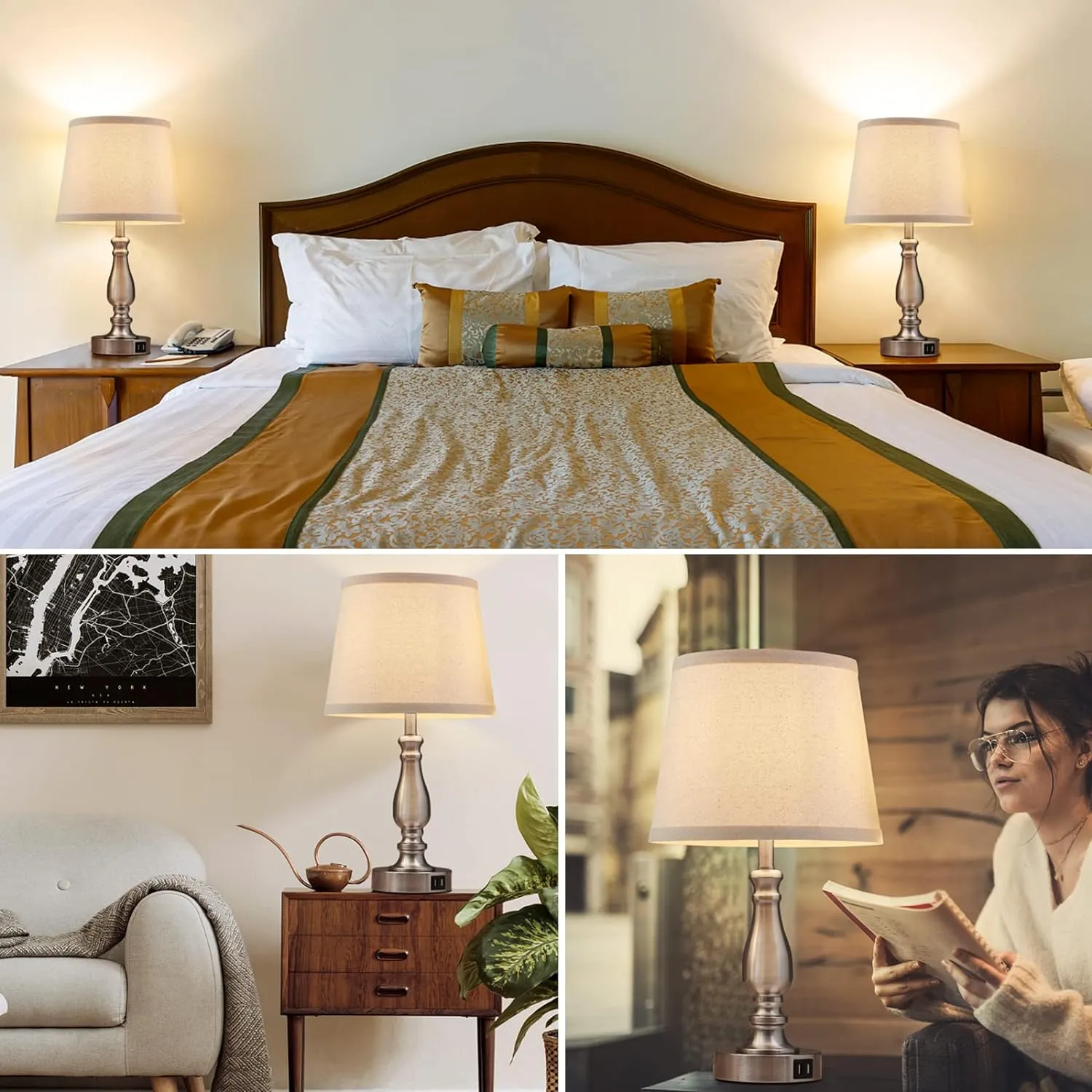 Lamps for Bedrooms Set of 2, Brushed Nickel Bedside Lamps with USB C A Ports, 3 Way Dimmable Nightstand Lamps with Fabric Lampshade, Touch Table Lamp for Living Room Bedroom Office, Bulbs Included