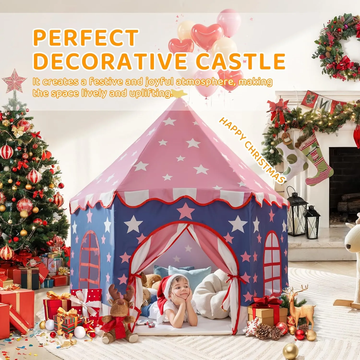 Large Girls Play Tent Princess, Boys Castle Kids Playhouse Indoor Outdoor Toddler Teepee | American Style Design, Age 3-8| Detailed Instructions| Colorful Package| Christmas Birthday Gift Pink