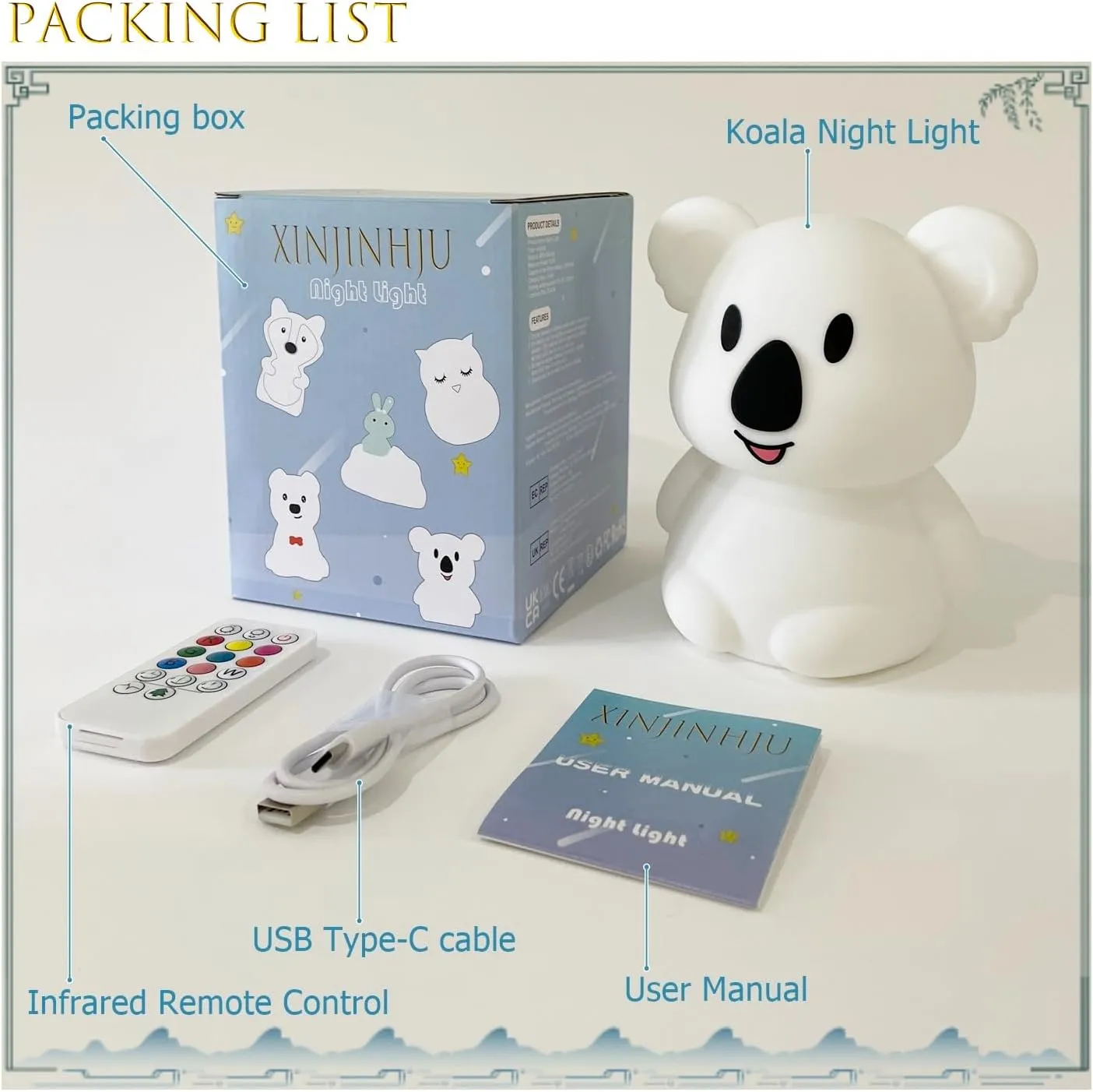 Large Koala Night Lights for Kids Room Bedside lamp Bedroom Mood Light - Break Resistant, Eye Caring, Adjustable Brightness & Color and Time Setting, Holiday Children's Gift - Large