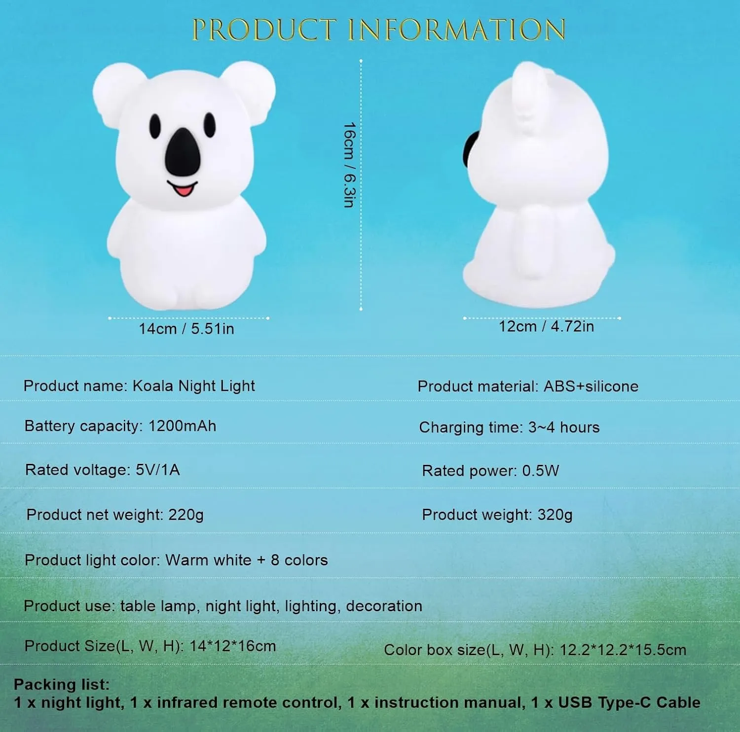 Large Koala Night Lights for Kids Room Bedside lamp Bedroom Mood Light - Break Resistant, Eye Caring, Adjustable Brightness & Color and Time Setting, Holiday Children's Gift - Large