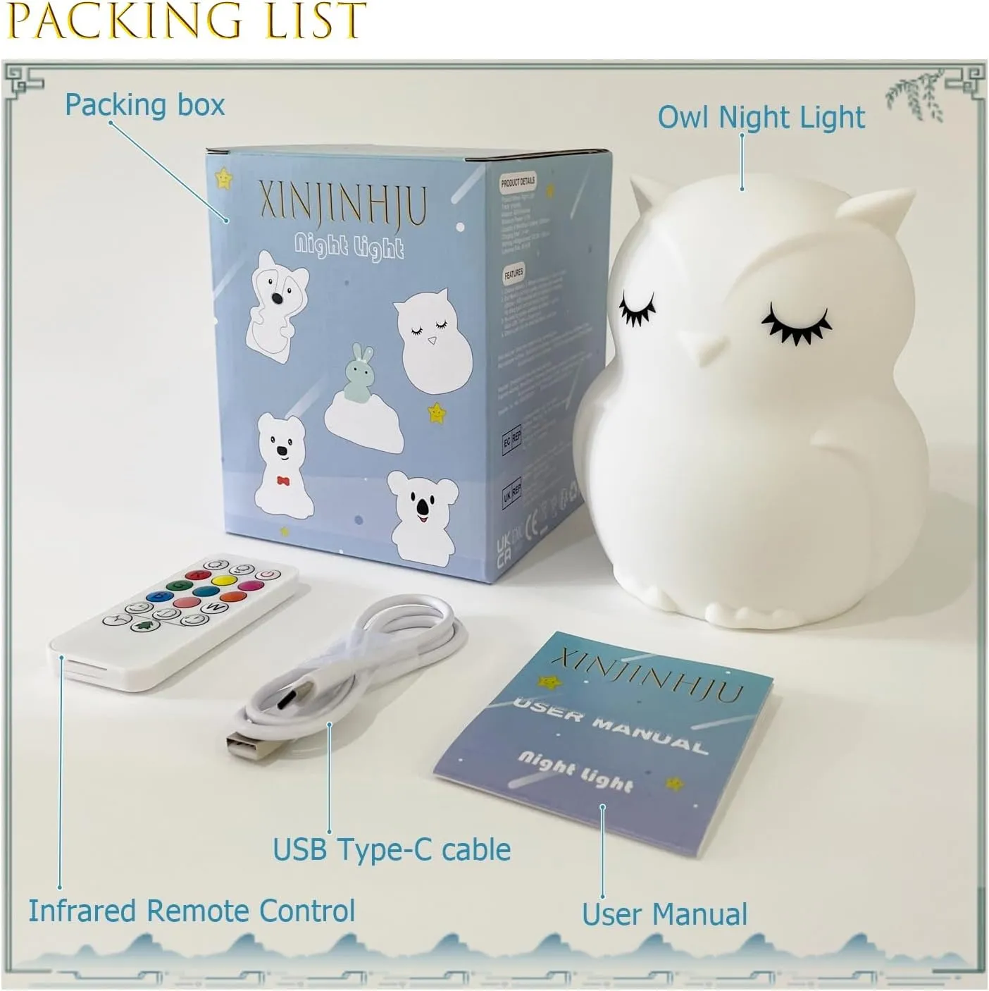 Large Owl Night Lights for Kids Bedside Lamp Children's Room Animal Sleep Night-Light for Girls and Boys - Changeable Brightness & Color Time Setting Child Gift Birthday Present - Large