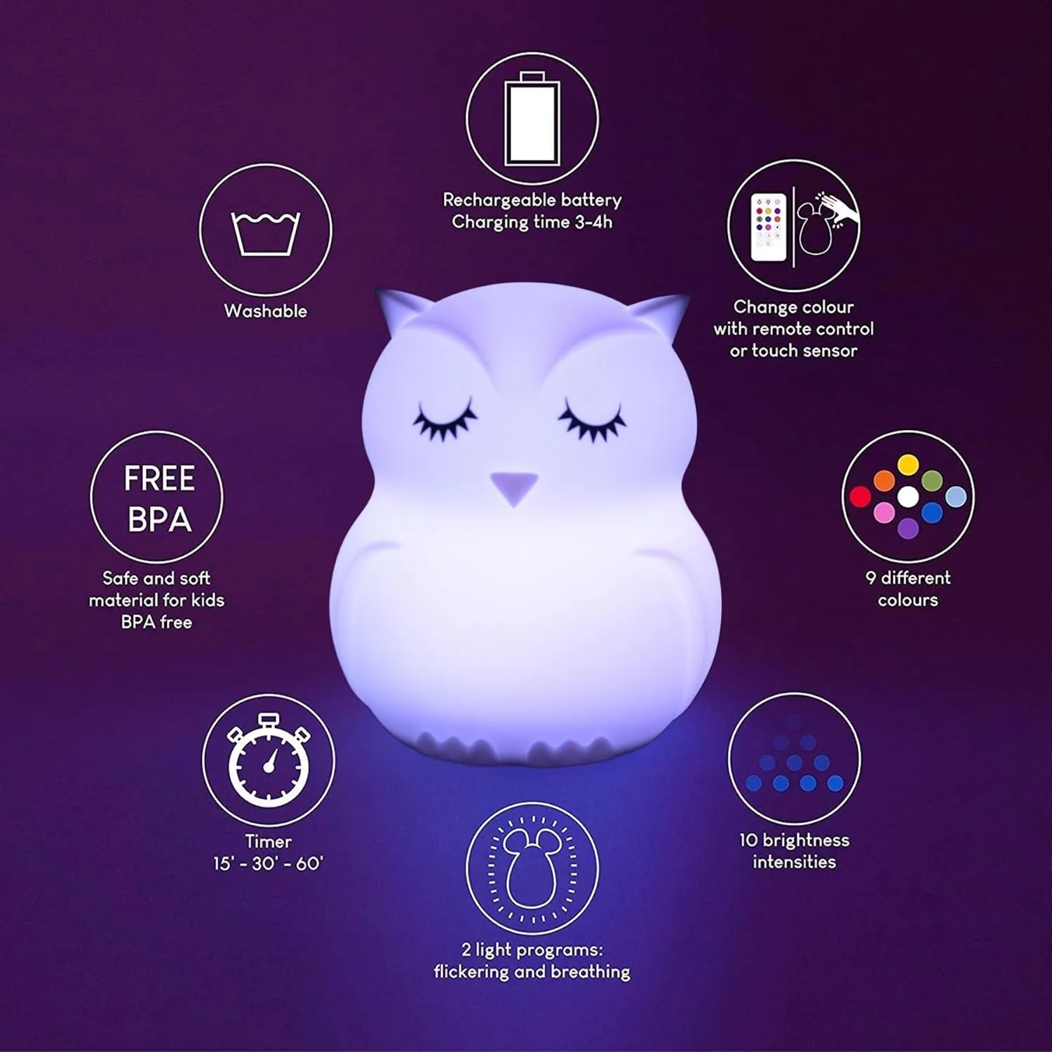 Large Owl Night Lights for Kids Bedside Lamp Children's Room Animal Sleep Night-Light for Girls and Boys - Changeable Brightness & Color Time Setting Child Gift Birthday Present - Large