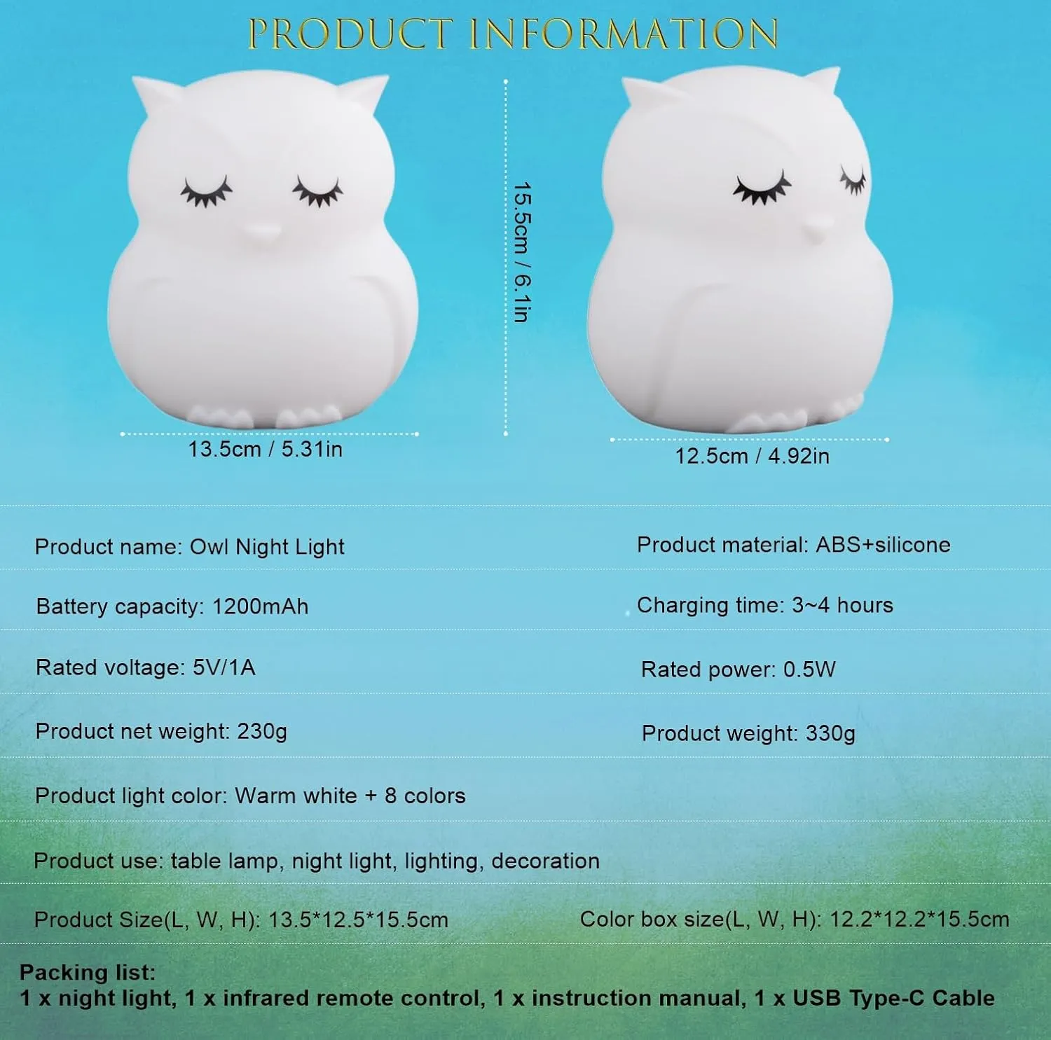 Large Owl Night Lights for Kids Bedside Lamp Children's Room Animal Sleep Night-Light for Girls and Boys - Changeable Brightness & Color Time Setting Child Gift Birthday Present - Large
