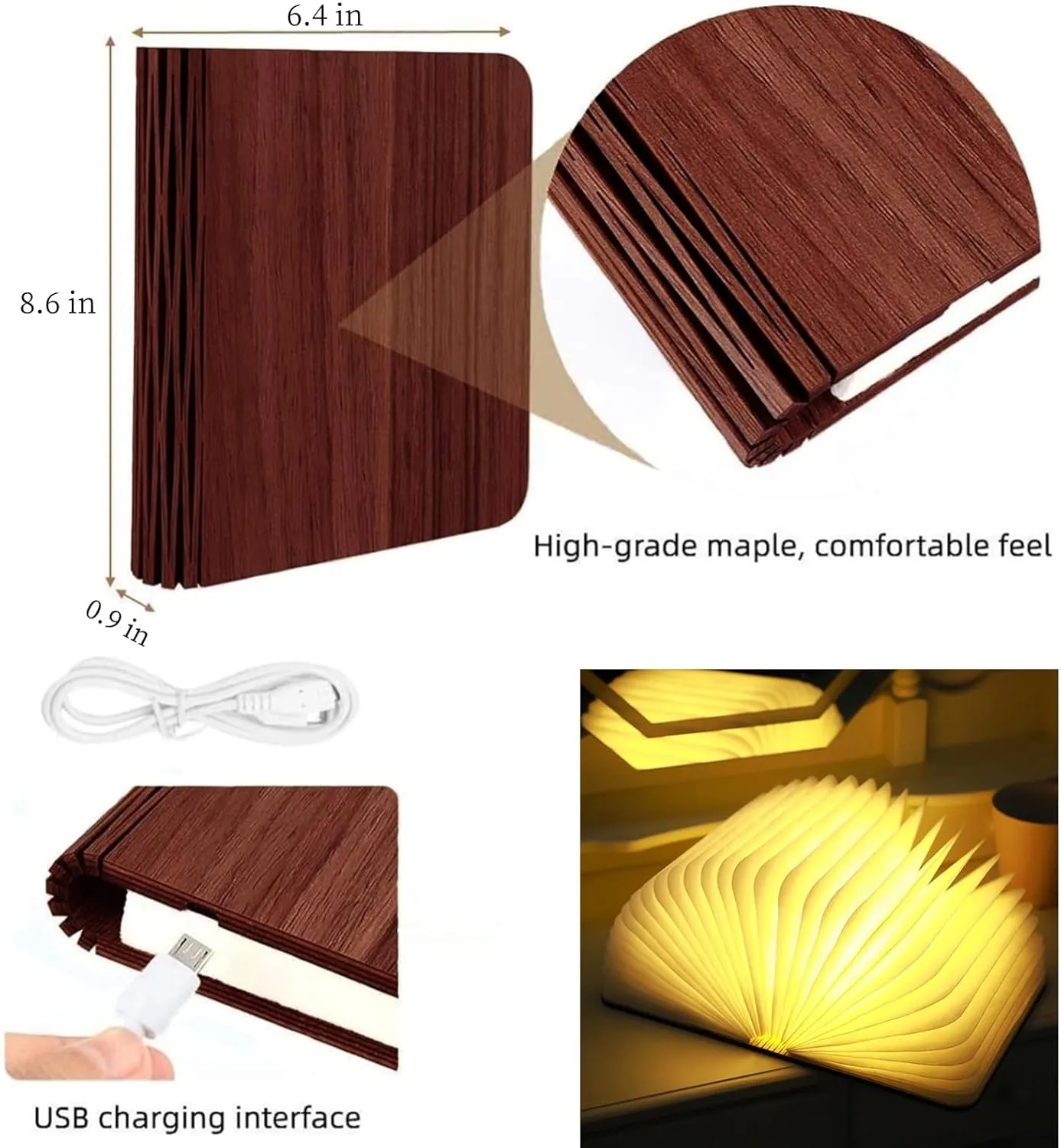 Large Size Wooden Book Lamp, Folding Book Shaped Light, Upgraded 7 Colors USB Rechargeable LED Night Light, Gift for Friends, Family, Birthday, Thanksgiving, Christmas（8.6"x 6.4" x 0.9"）