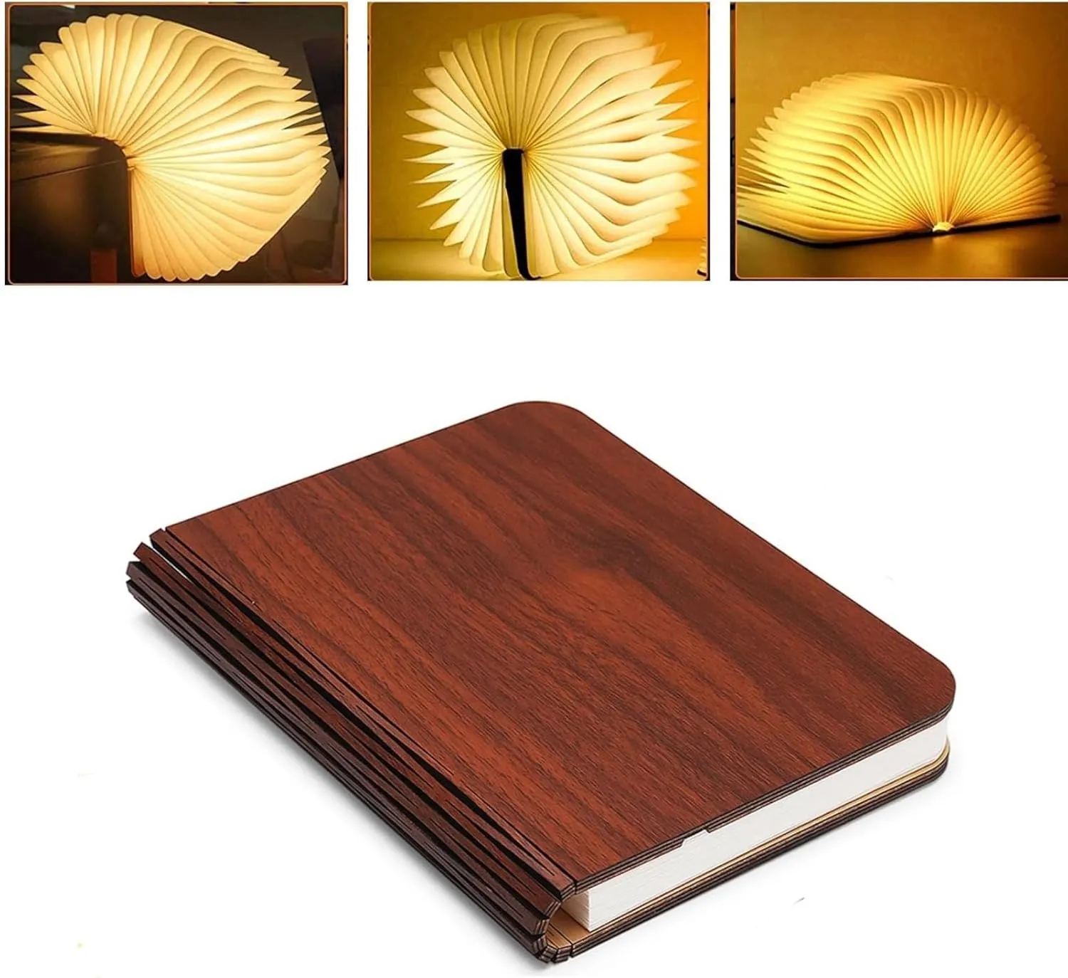 Large Size Wooden Book Lamp, Folding Book Shaped Light, Upgraded 7 Colors USB Rechargeable LED Night Light, Gift for Friends, Family, Birthday, Thanksgiving, Christmas（8.6"x 6.4" x 0.9"）
