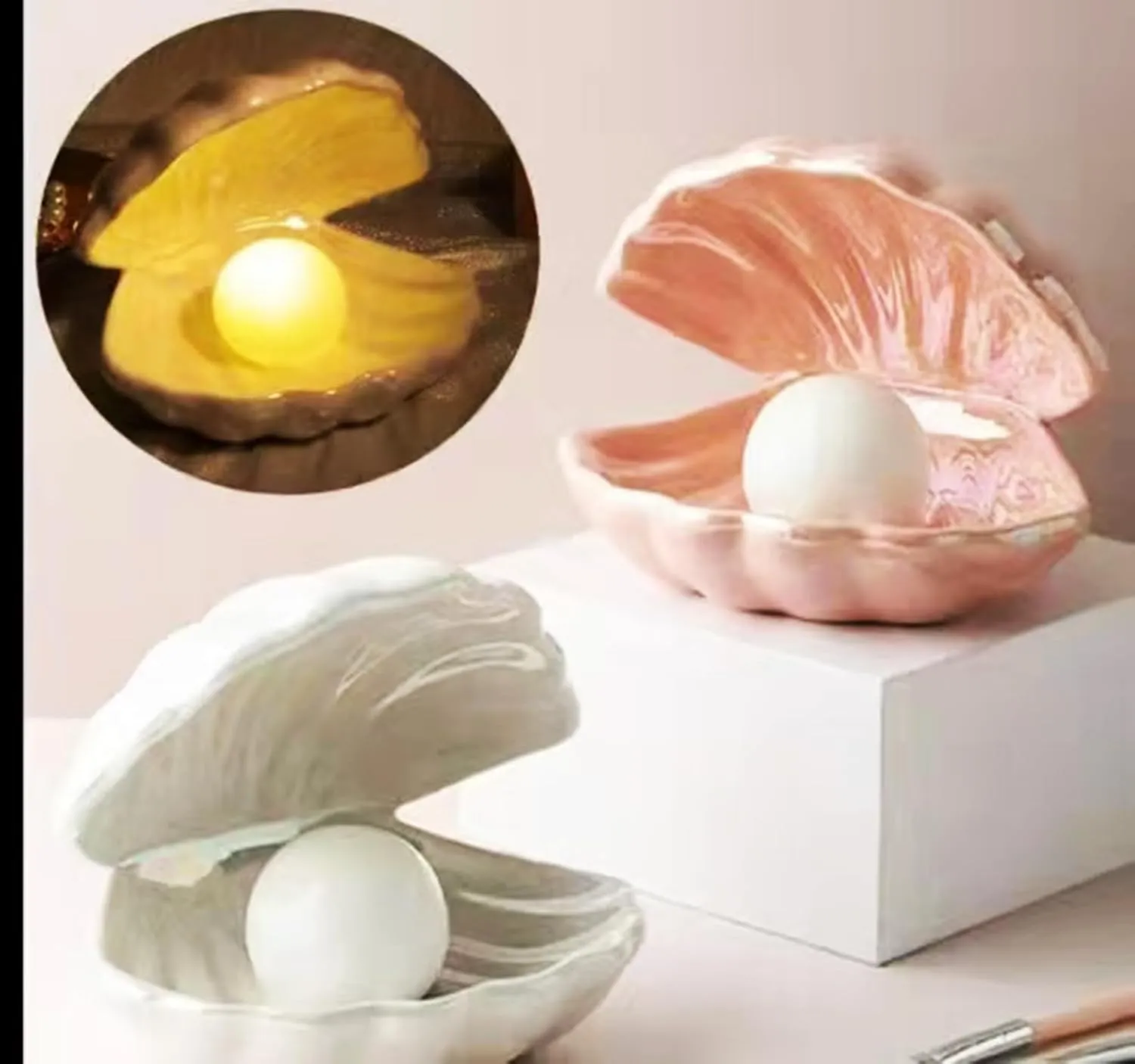 LED Ceramic Shell Pearl Light, Portable Ocean-Inspired Night Light Tabletop Light, Streamer Fairy Shell Night Lamp for Bedside Living Room Home Decoration (Pink)