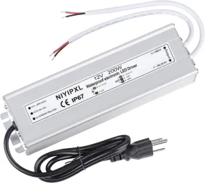 LED Driver 200 Watts Waterproof IP67 Power Supply Transformer Adapter 90V-130V AC to 12V DC Low Voltage Output with 3-Prong Plug 3.3 Feet Cable for LED Light, Computer Project, Outdoor Light