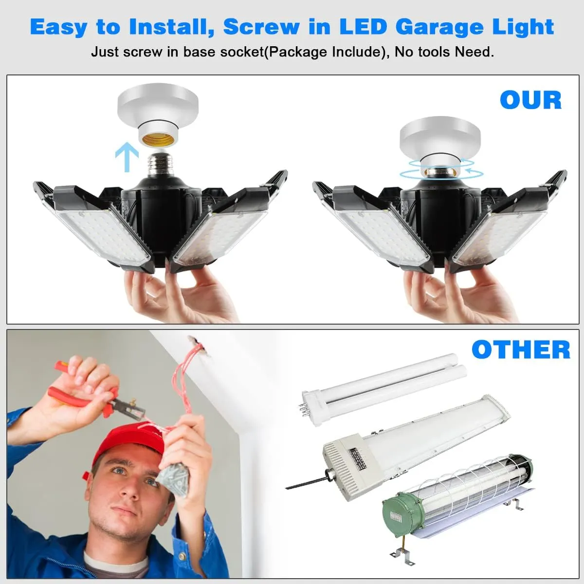 LED Garage Light - 160W LED Garage Ceiling Light 16000LM 6500K Super Bright Garage Lighting with 6 Deformable Panels Screw in Shop Light for Basement Workshop Warehouse Attic