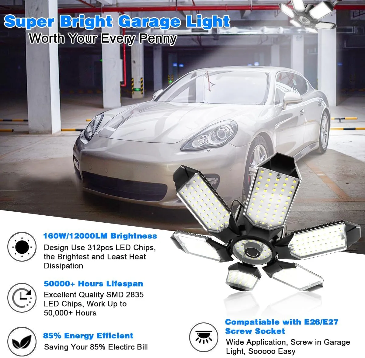 LED Garage Light - 160W LED Garage Ceiling Light 16000LM 6500K Super Bright Garage Lighting with 6 Deformable Panels Screw in Shop Light for Basement Workshop Warehouse Attic