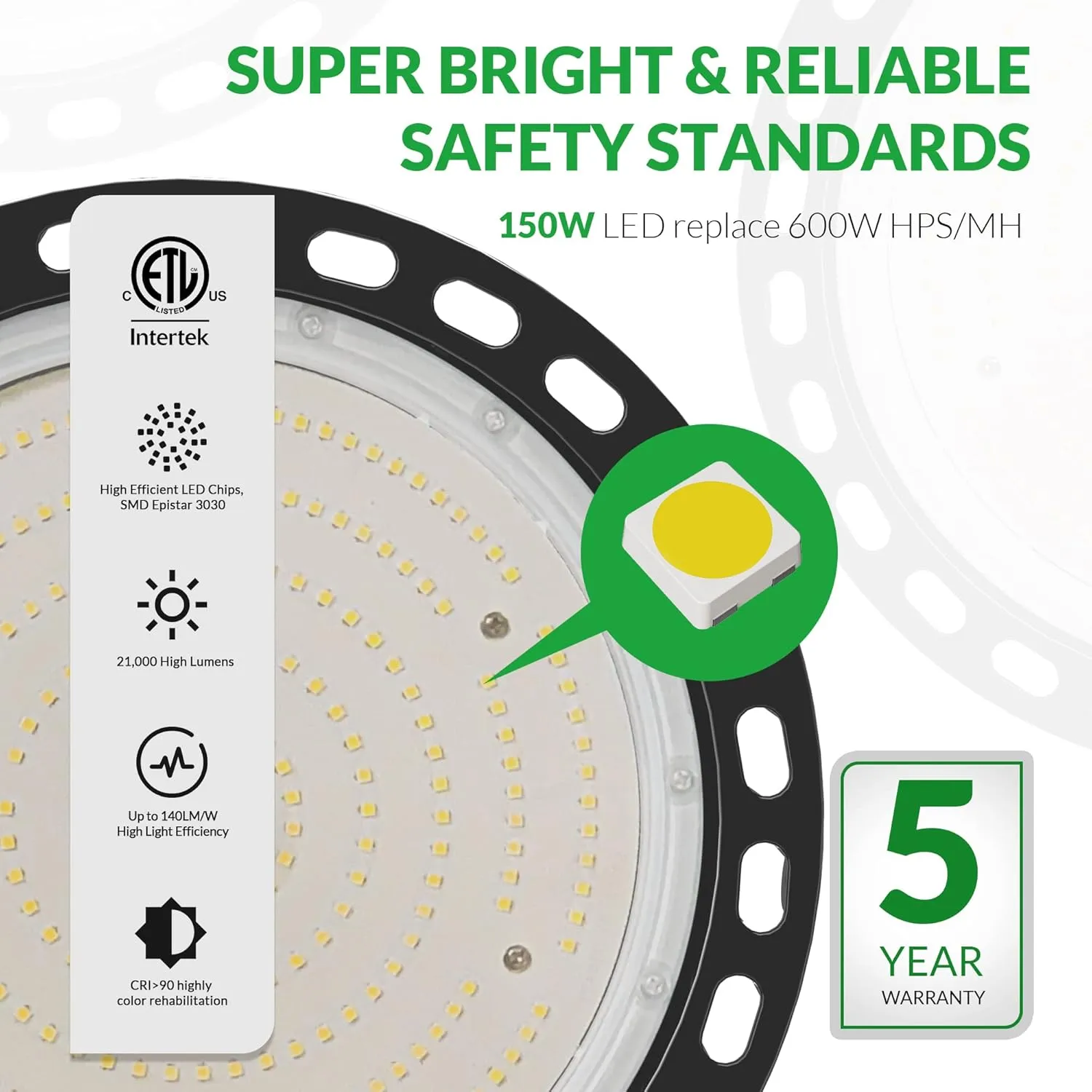 LED High Bay Light 150W, 22500 LM with US Plug 5ft Cable, 5000K Daylight, IP65 Waterproof, UFO LED Shop Lights for Warehouse Workshop Factory Barn Garage Area Lighting Fixture