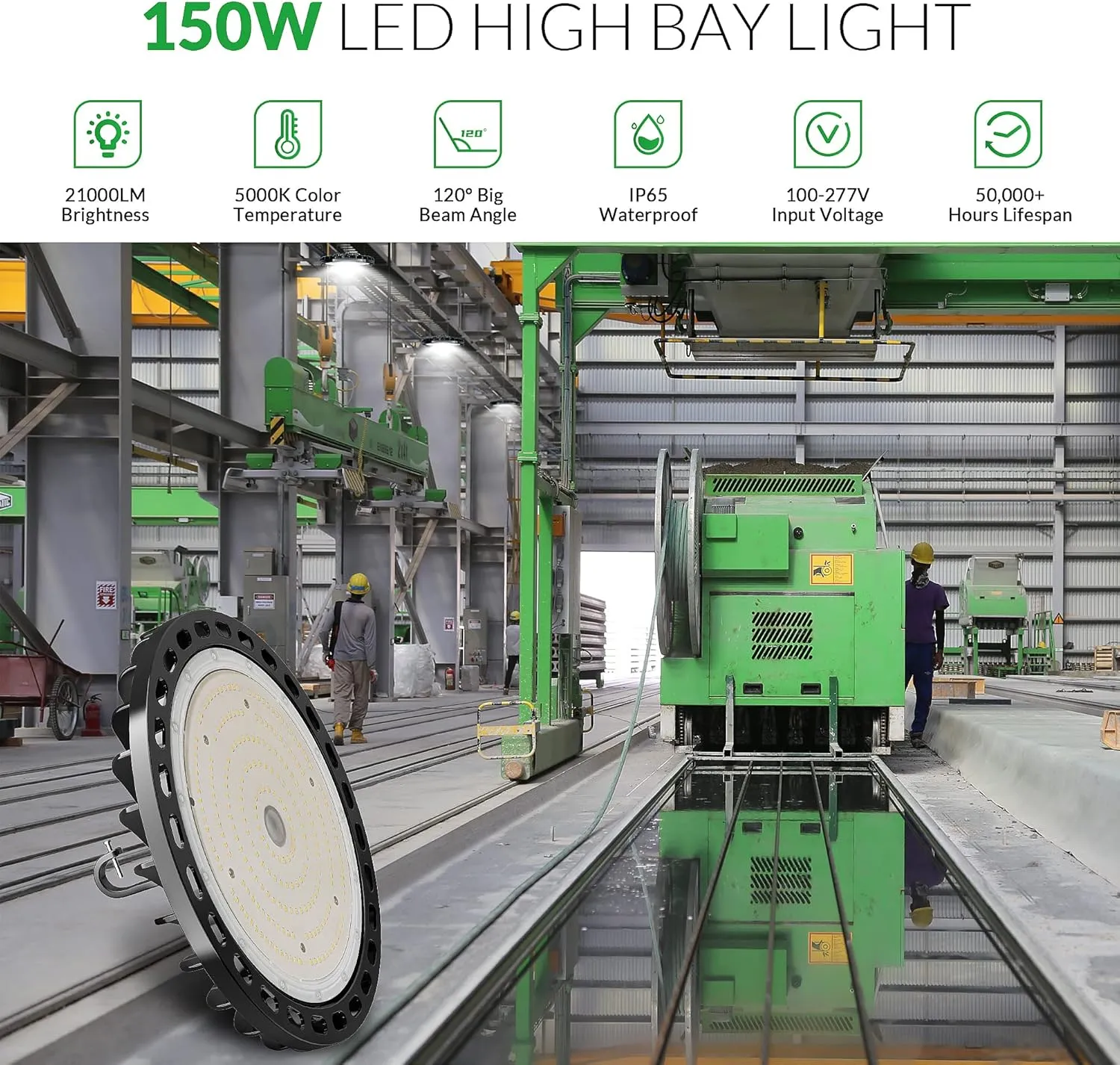 LED High Bay Light 150W, 22500 LM with US Plug 5ft Cable, 5000K Daylight, IP65 Waterproof, UFO LED Shop Lights for Warehouse Workshop Factory Barn Garage Area Lighting Fixture